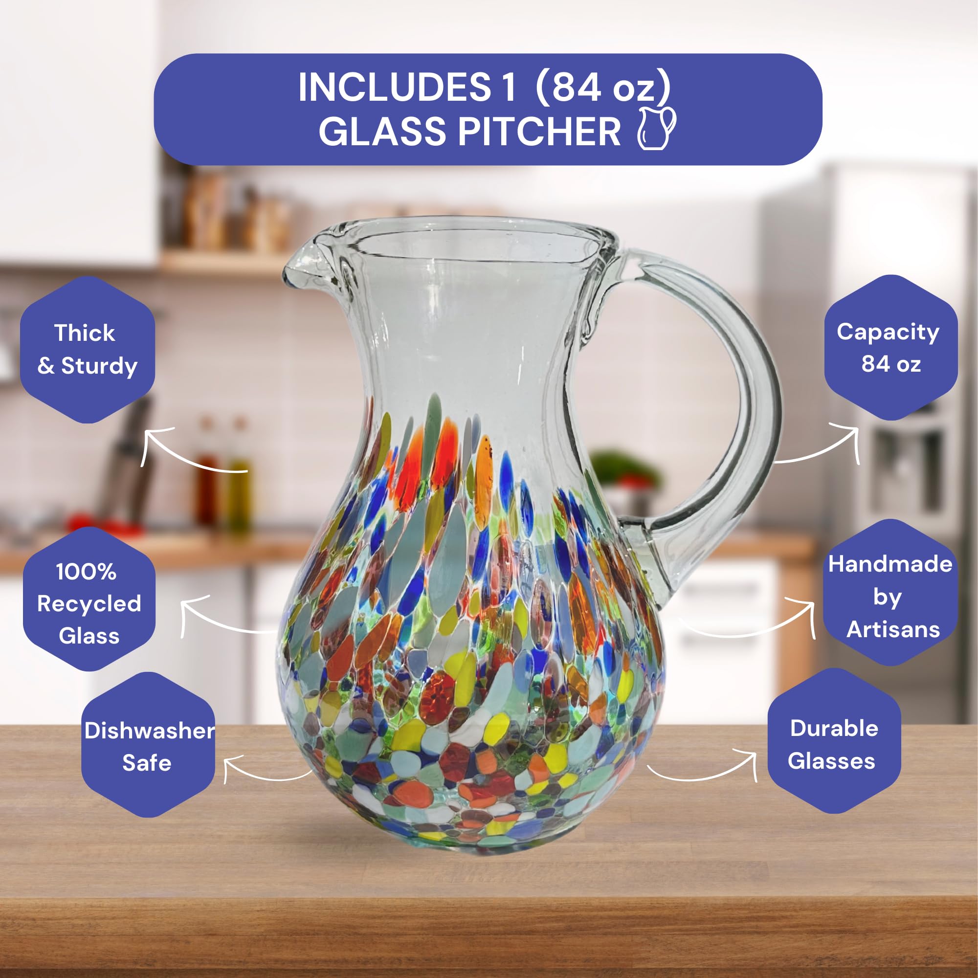 AGAVE'S GLASSWARE Brocca in vetro (2,38 g) | Carmen Carmen Brocca per acqua | Brocca messicana in vetro per bevande | Brocca per tè, succo di frutta, brocca per limonata (Pera Confetti Carmen 2,38 g)