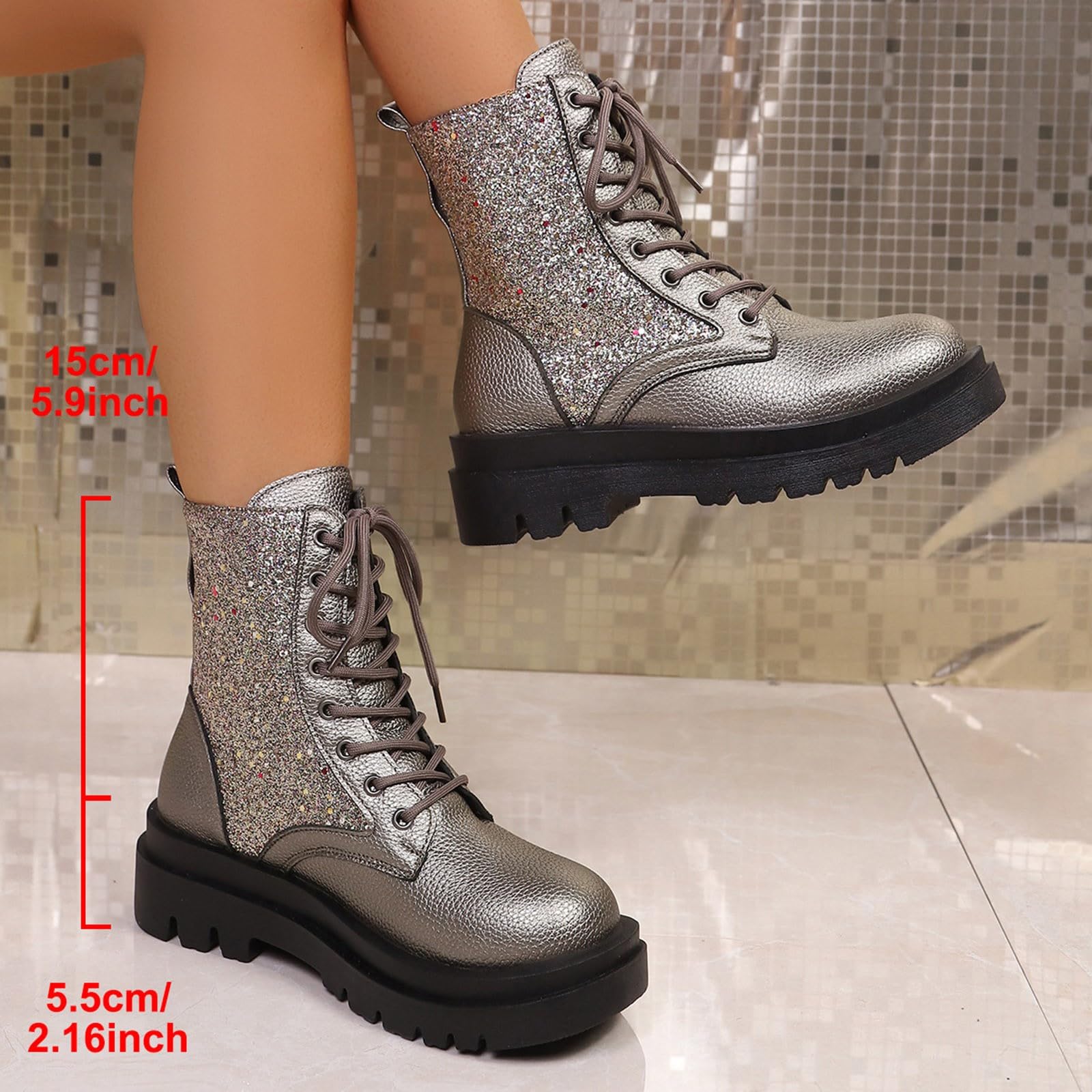 Botines para mujer de piel, con cordones, con purpurina, con plataforma
