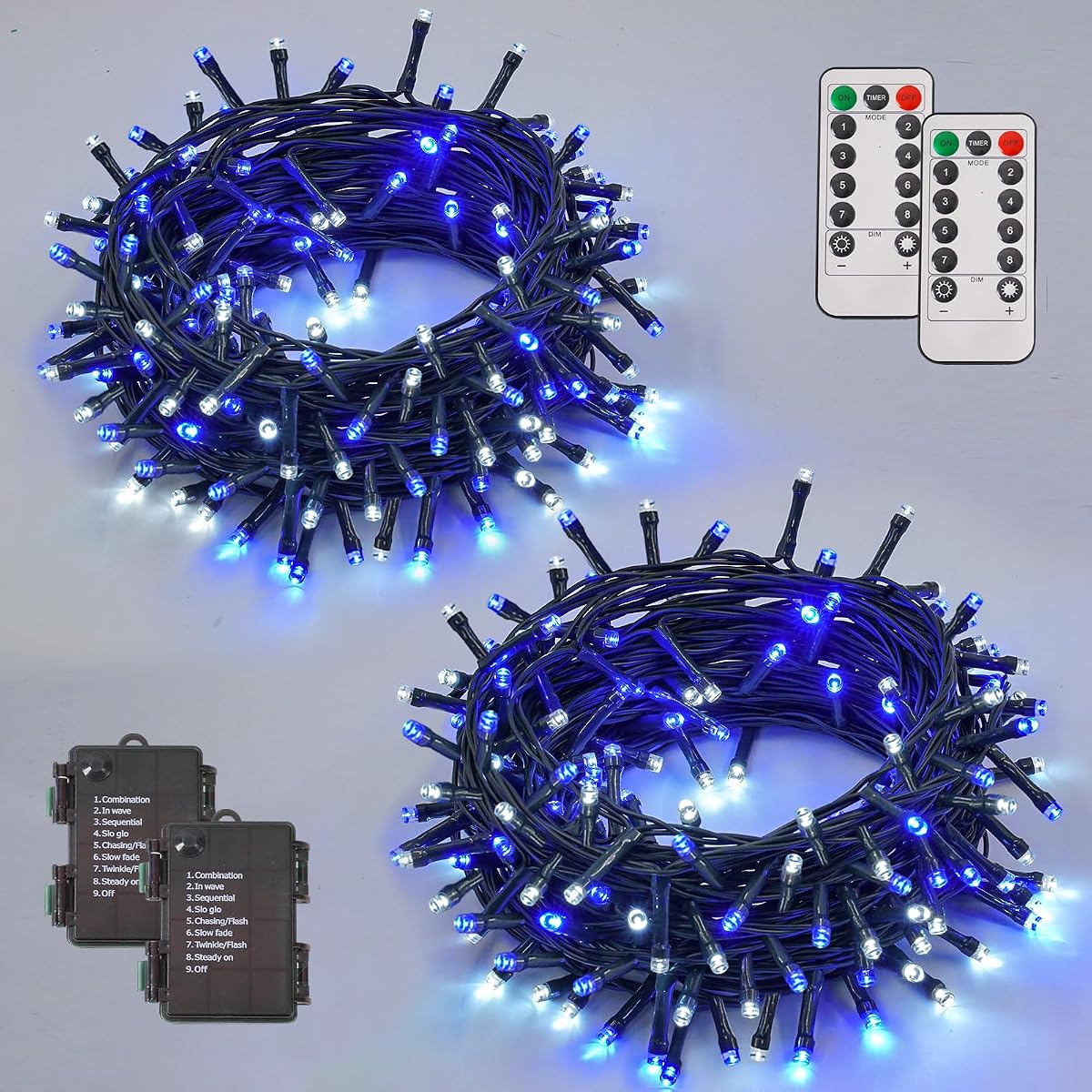 YEGUO Christmas Lights Battery Operated, 2 Pack Each 33ft 100 LED Blue and
