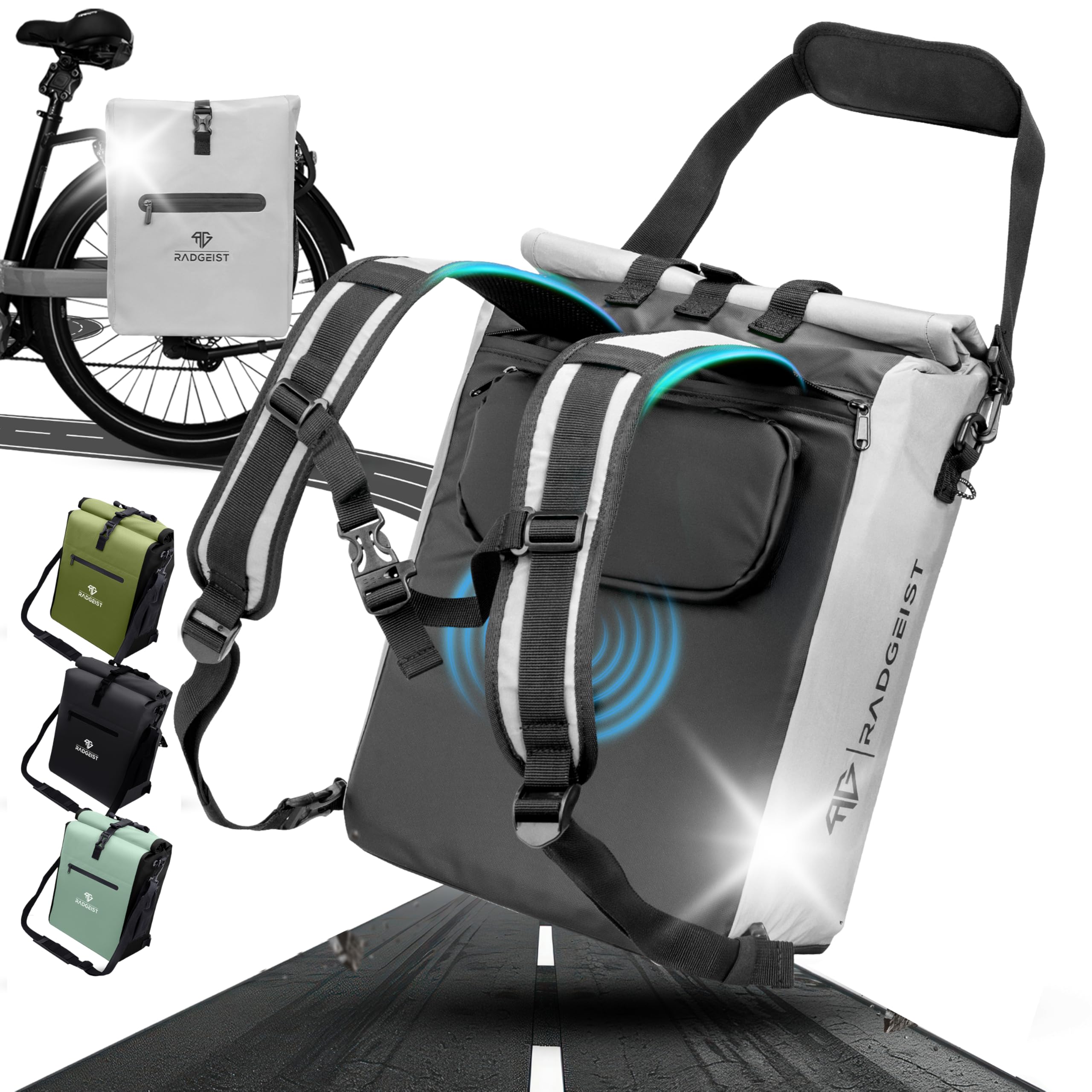 RADGEIST 3-in-1 Bicycle Bag for Pannier Rack - Bicycle Backpack - Pannier Rack Bag with Reflectors - Shoulder Bag - with Laptop Compartment - 100% Waterproof Bag - 25 L - Fully Reflective