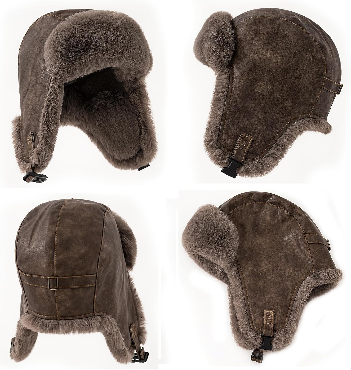 Unisex Winter Trapper Hat for Men Women - Windproof Faux Leather with Thermal Long Plush Lining, Adjustable Chin Strap,Khaki Brown