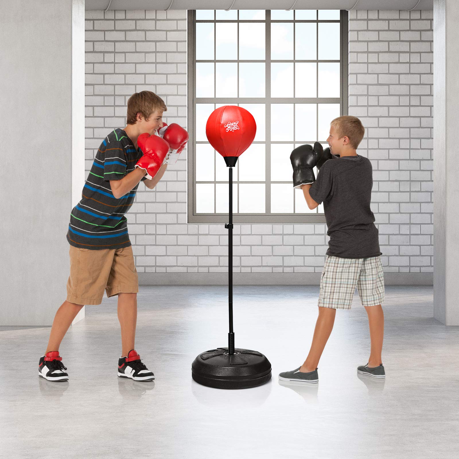 RELAX4LIFE Sacco da Boxe con Guantini per Adulti e Bambini - Punching Ball da Terra Altezza Regolabile da 120 a 154 cm, con Base Stabile Riempibile,Rosso Nero