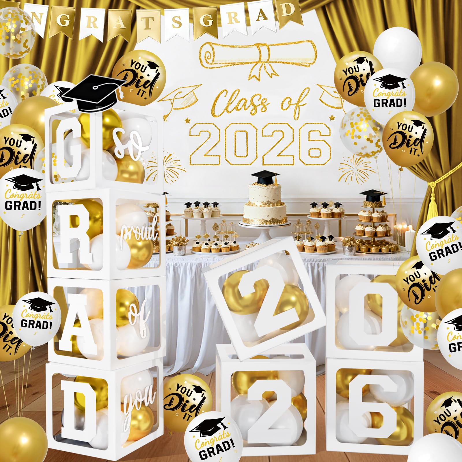 Photo 1 of 2026 Graduation Decorations - White Balloon Boxes with Letters 2026 Grad & So Proud of You and White Gold Print Balloons, Graduation Party Decorations Class of 2026 for Any Grades(White)