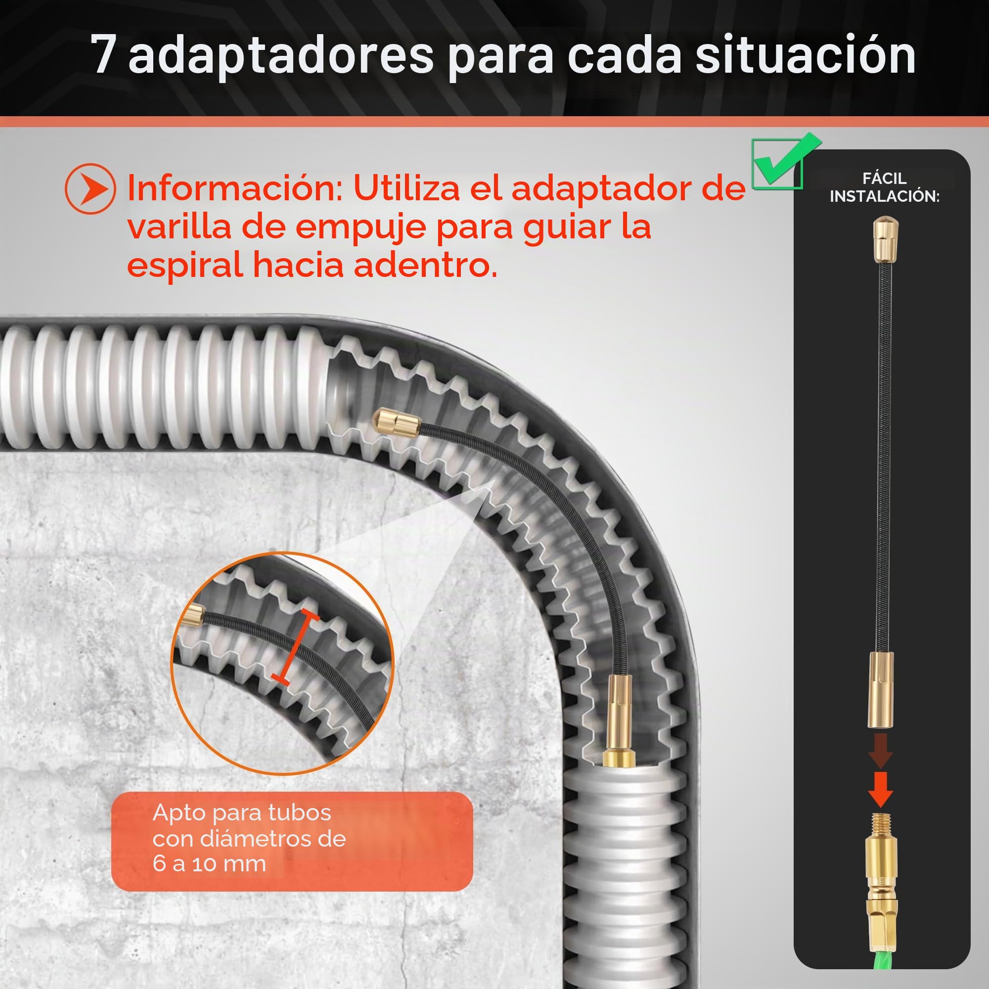 Guia pasacables de 50 m, guía pasacables profesional de 4,5 mm, guia para cables con rosca M5 para cables eléctricos, guia pasa cables retráctil con carcasa y 7 muelles guía