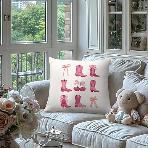 Miniatura 3 de Fundas de almohada modernas de vaquera rosa para decoración de habitación, fundas de almohada retro Westren Howdy de 18 x 18 pulgadas, fundas de