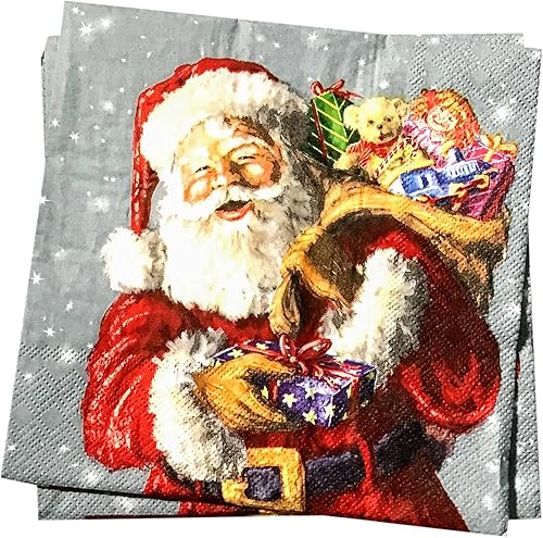 Miniatura 6 de 20 unidades de 3 capas de 13 x 13 pulgadas de regalo y servilletas de Papá Noel de papel de Navidad para Decoupage, rojo, gris, blanco, amarillo,