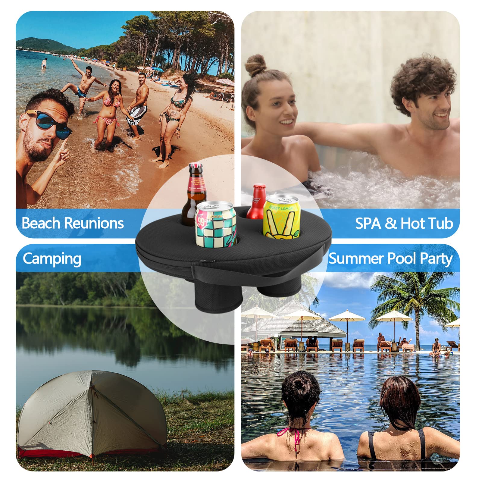 Schwimmender Getränkehalter aus Neopren, 4 Tassen, schwimmender Untersetzer, Wasserspaß – Getränke-Bobber Getränke-Float – große Größe für 340 ml bis 850 ml Becher (4 Tassen, schwarz)