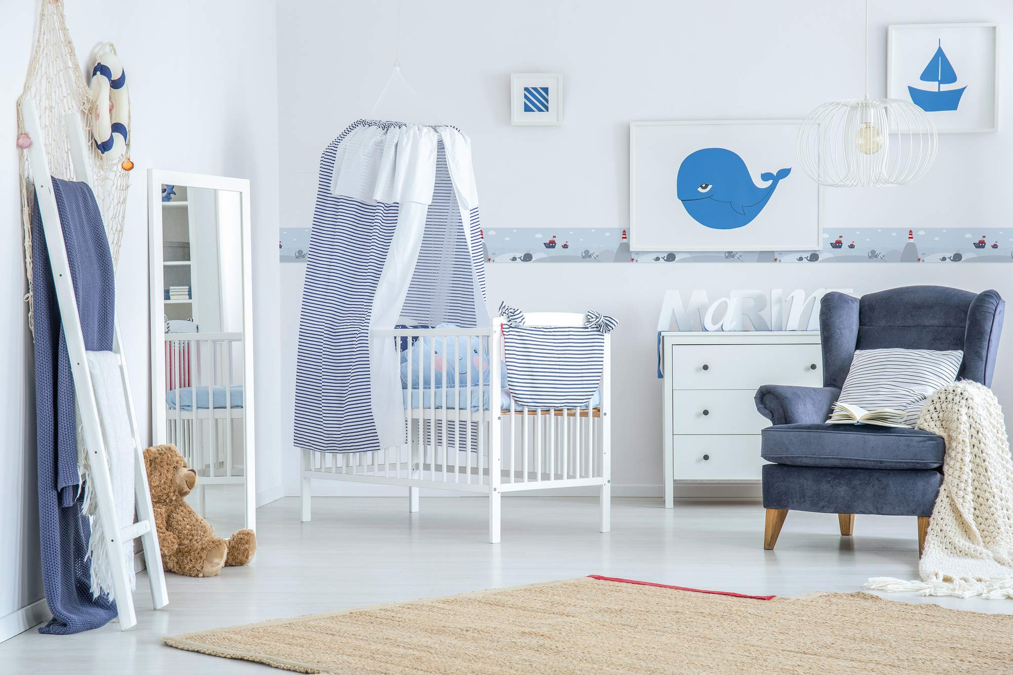 A.S. Création selbstklebende Bordüre - Papierbordüre mit kinderfreundlichen Motiven in Grau, Rot und Blau - auf 5,00 m x 0,15 m je Rolle