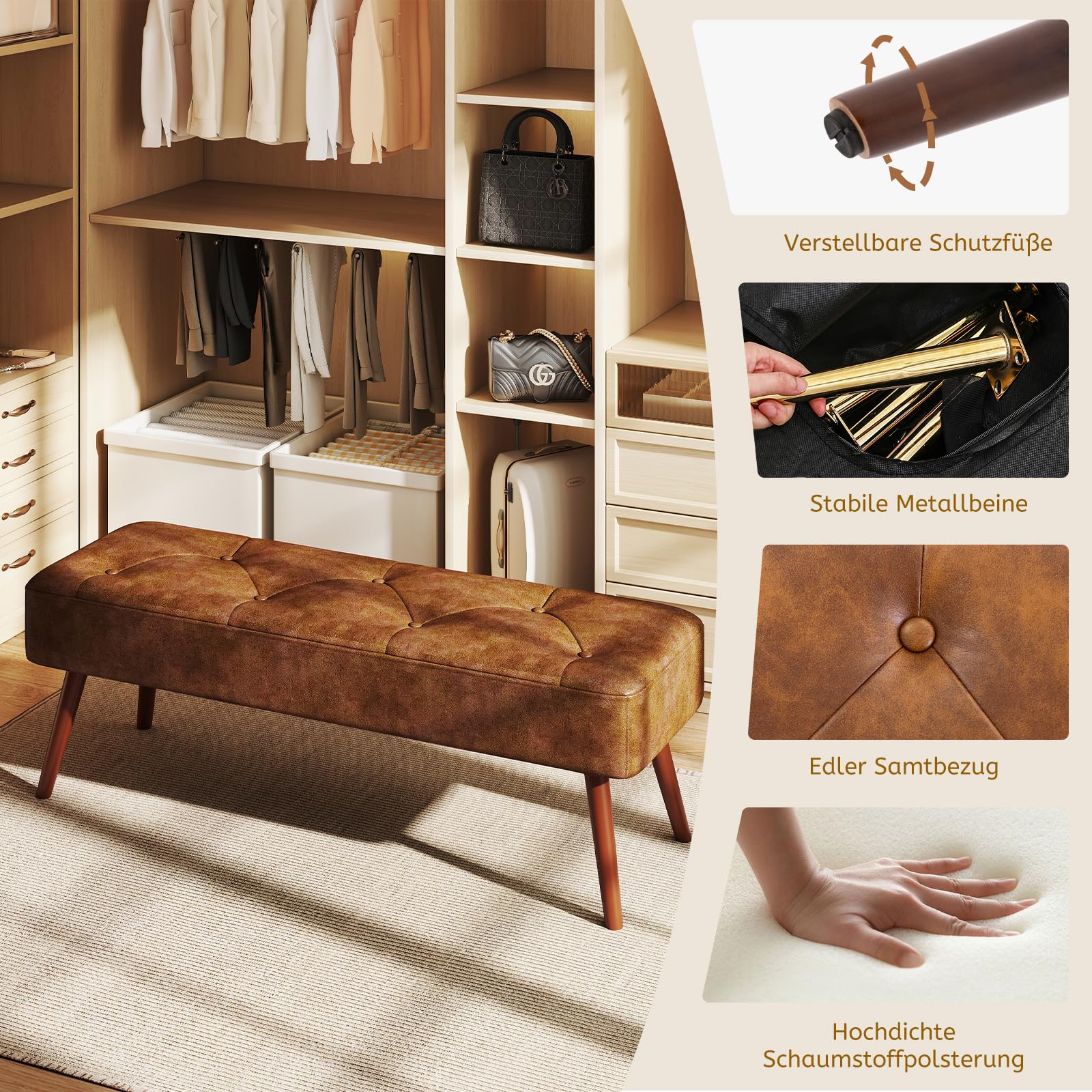 Sitzbank Flur Schlafzimmerbank 113.5cm, Esszimmerbank, Bettbank Flurbank, Fußbank, Polsterbank, Schminkbank Schuhbank mit Holzbeinen aus Pu für Schlafzimmer Wohnzimmer Flur
