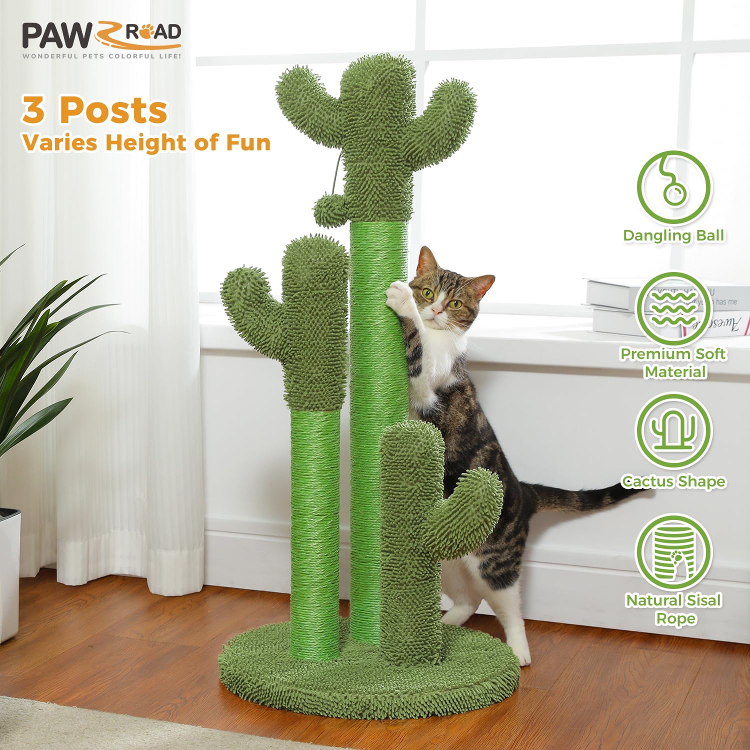 PAWZ Road Drapak dla kota 89 cm, wysoki drapak z naturalnymi sizalowymi kolumnami do drapania i wiszącymi piłkami do zabawy dla dużych kotów, zielony