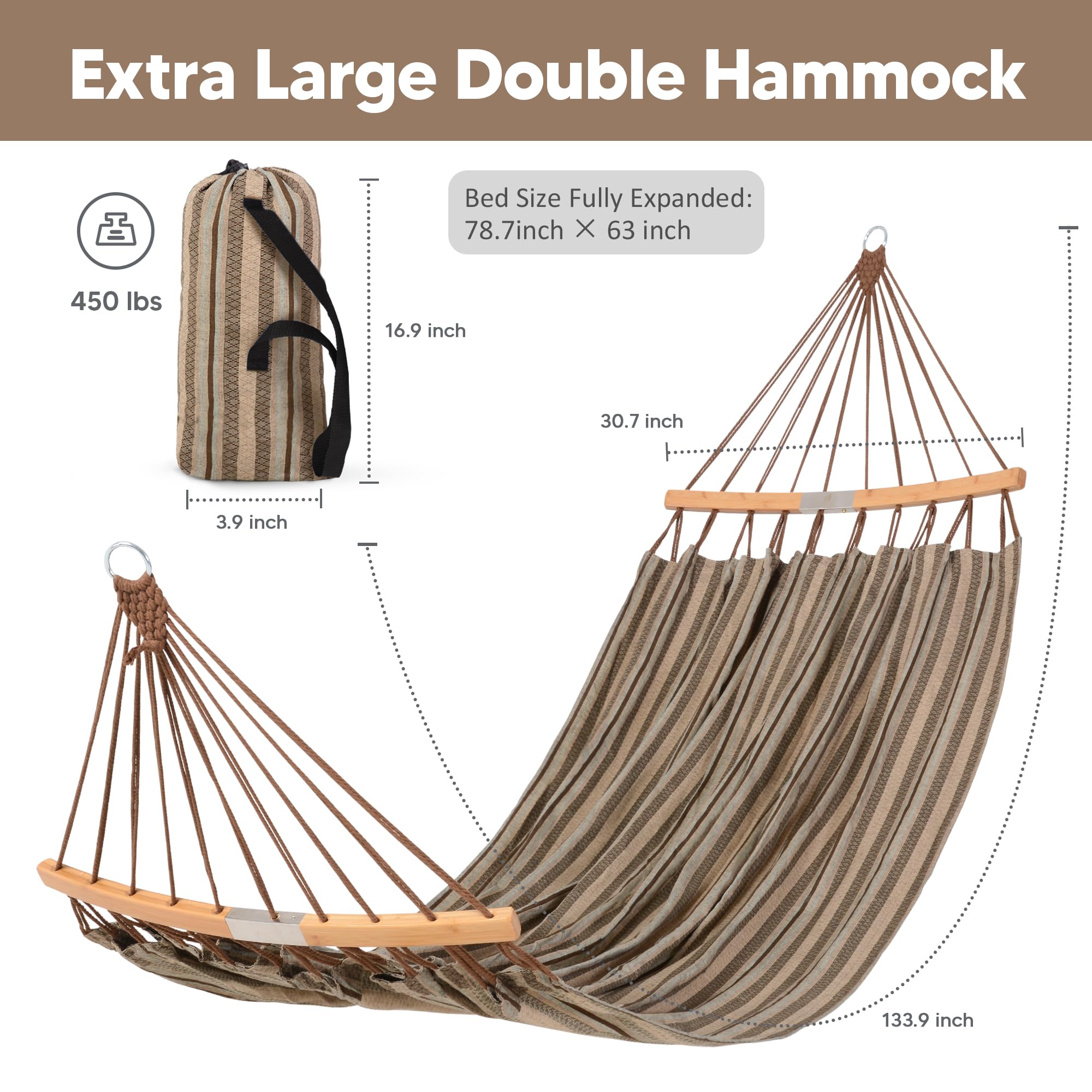 SUNCREAT Hamacas Hamaca doble con barra esparcidora curvada, hamaca portátil para acampar al aire libre con bolsa de transporte y correas de árbol para patio, patio, balcón, capacidad máxima de 450