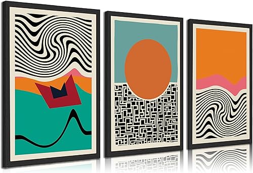 3 piezas de lienzo bohemio de mediados de siglo, arte de pared abstracto con bloques de color, geométricos, impresiones coloridas y simples líneas