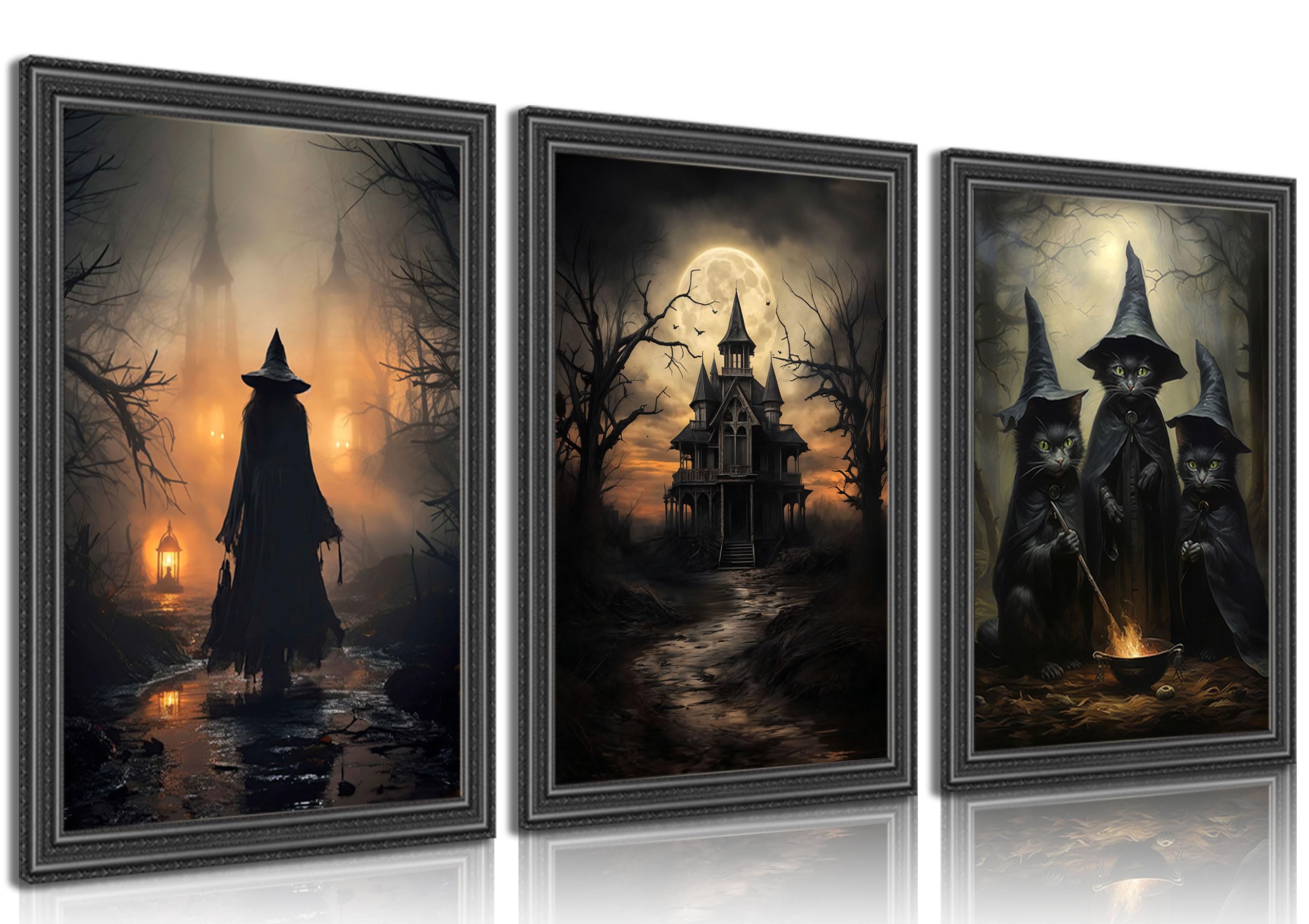 3pcs Halloween Canvas Wall Art Dark Academia Scary Witch Black Cat Castle Posters Prints Thriller Horror Gothic Wall Decor Pictures for Halloween