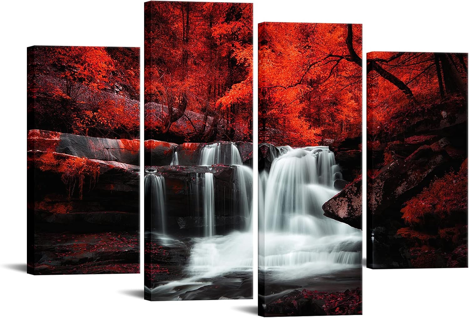 LevvArts Black White and Red Wall Art 4 Pieces Red Tree Forest Waterfall Picture Canvas Print Autumn Landscape Paintings Framed for Office Home Living Room Decor Ready to Hang