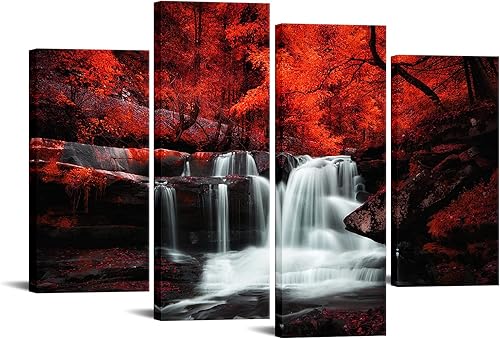 LevvArts Arte de pared blanco y negro, 4 piezas de bosque de árbol rojo, cascada, lienzo impreso en lienzo de otoño pinturas de paisaje enmarcadas