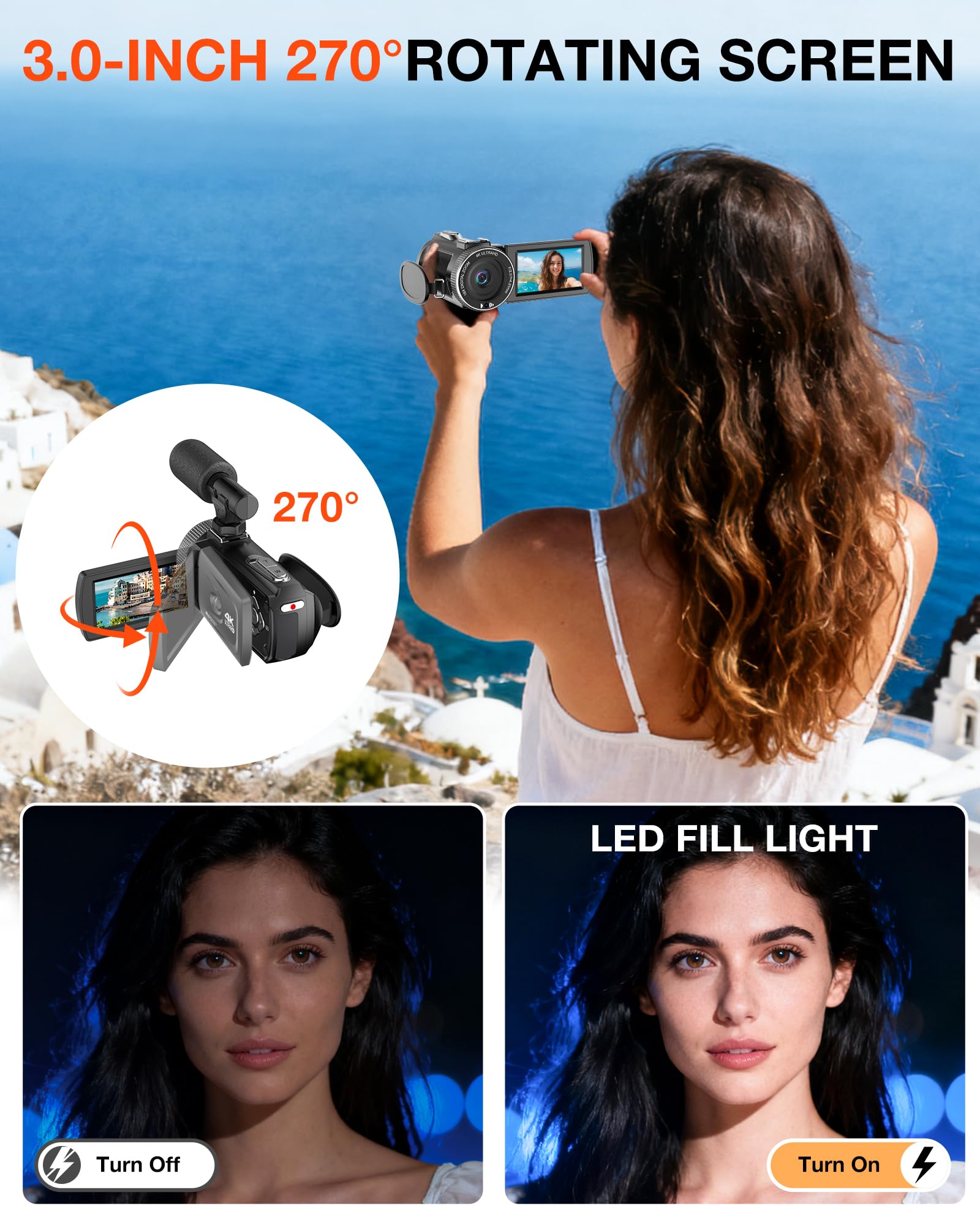 Videocamera 4K Camcorder 30FPS 48MP Vlogging Camera per YouTube, 18X Zoom Digitale Videocamere, Schermo Rotante 270° 3" Video Camera, Vlog Camera con Scheda SD da 32 GB, Telecomando, Mic, 2 Batterie