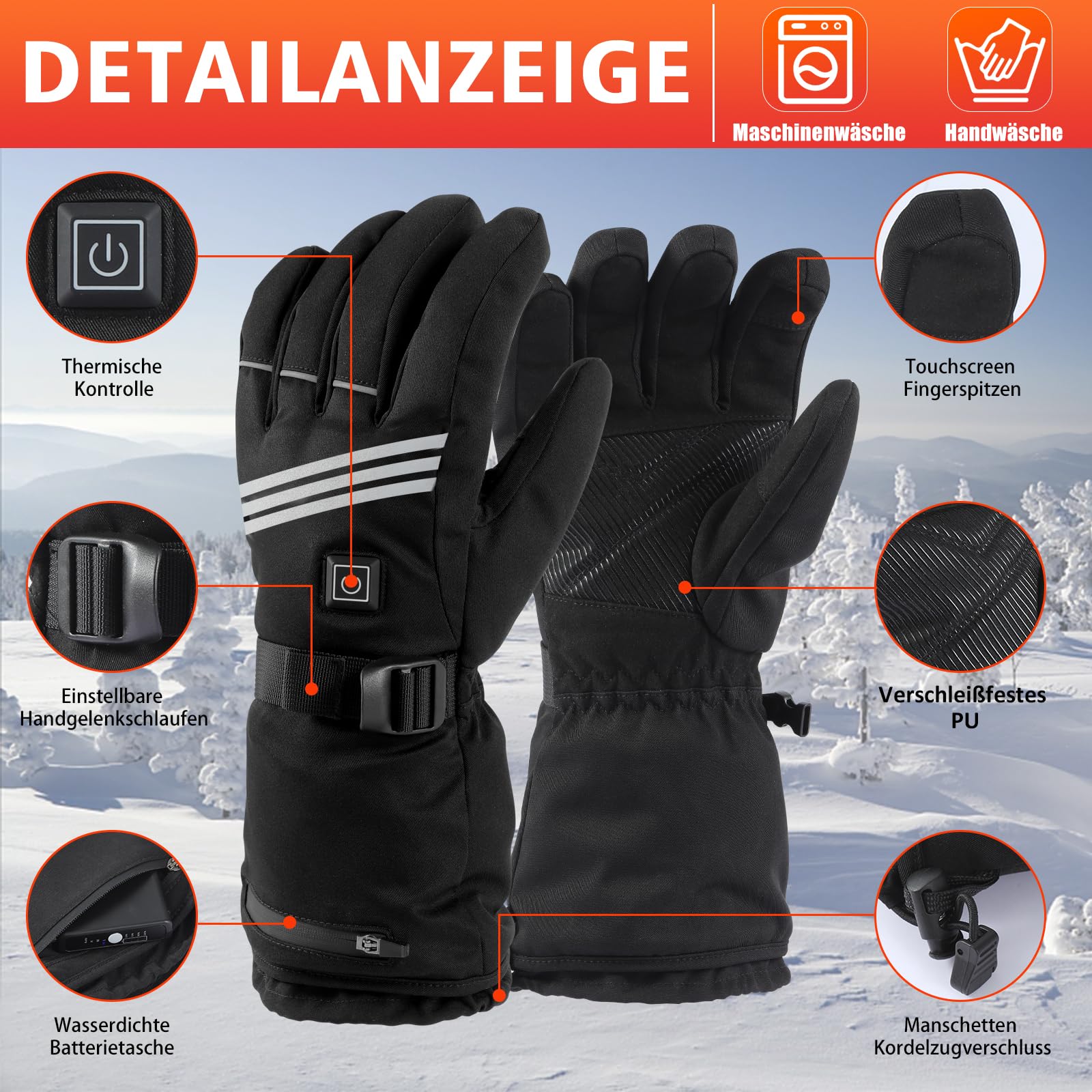 Beheizbare Handschuhe Herren Damen 7.4V 5000mAh Akkus 4 Temperaturstufen wasserdichte Winter Motorrad Radfahren Skifahren
