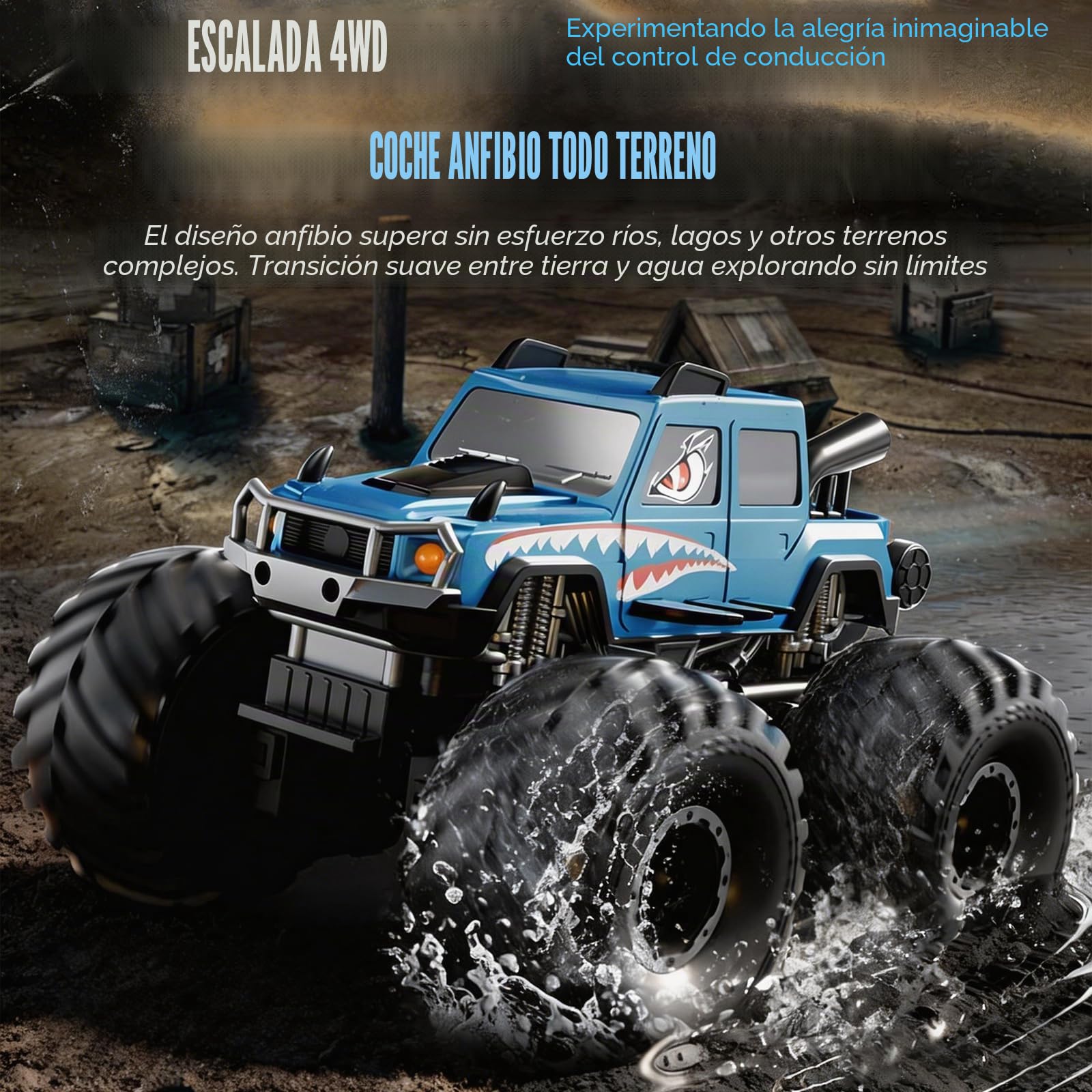 Coche Teledirigido Anfibio para Niños, 2.4GHz 4WD 360° Rotación Impermeable Monster Truck, Todo Terreno Off Road RC Coche