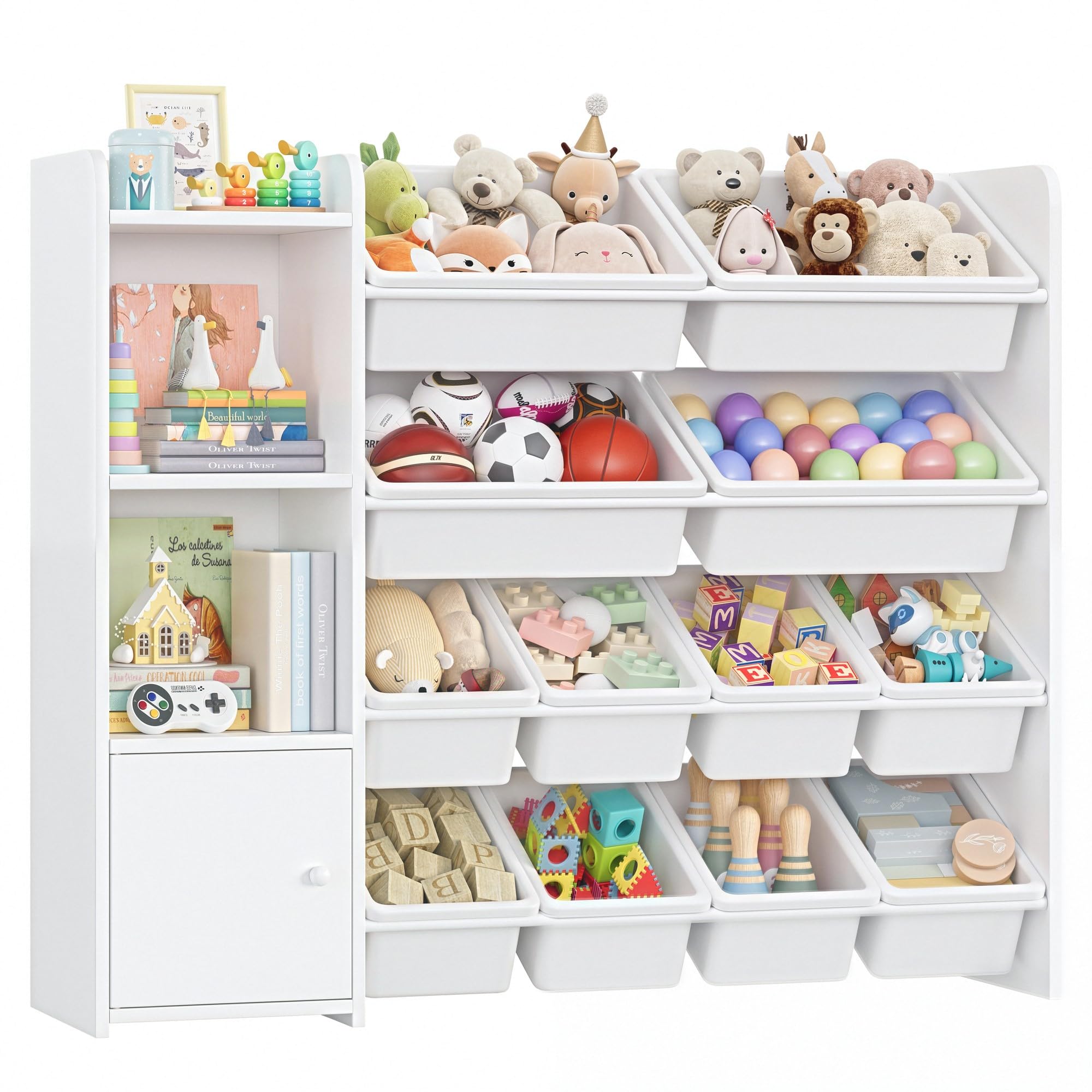 FOREHILL Kinderregal mit 12 Boxen, Kinder Bücherregal, Kinderschrank Weiß | Kinderregal, Kinderzimmer Möbel, Spielzeugregal für Kinder, Spielzeug Aufbewahrung für Kindergarten, Leseecke, 112,5x100x30cm