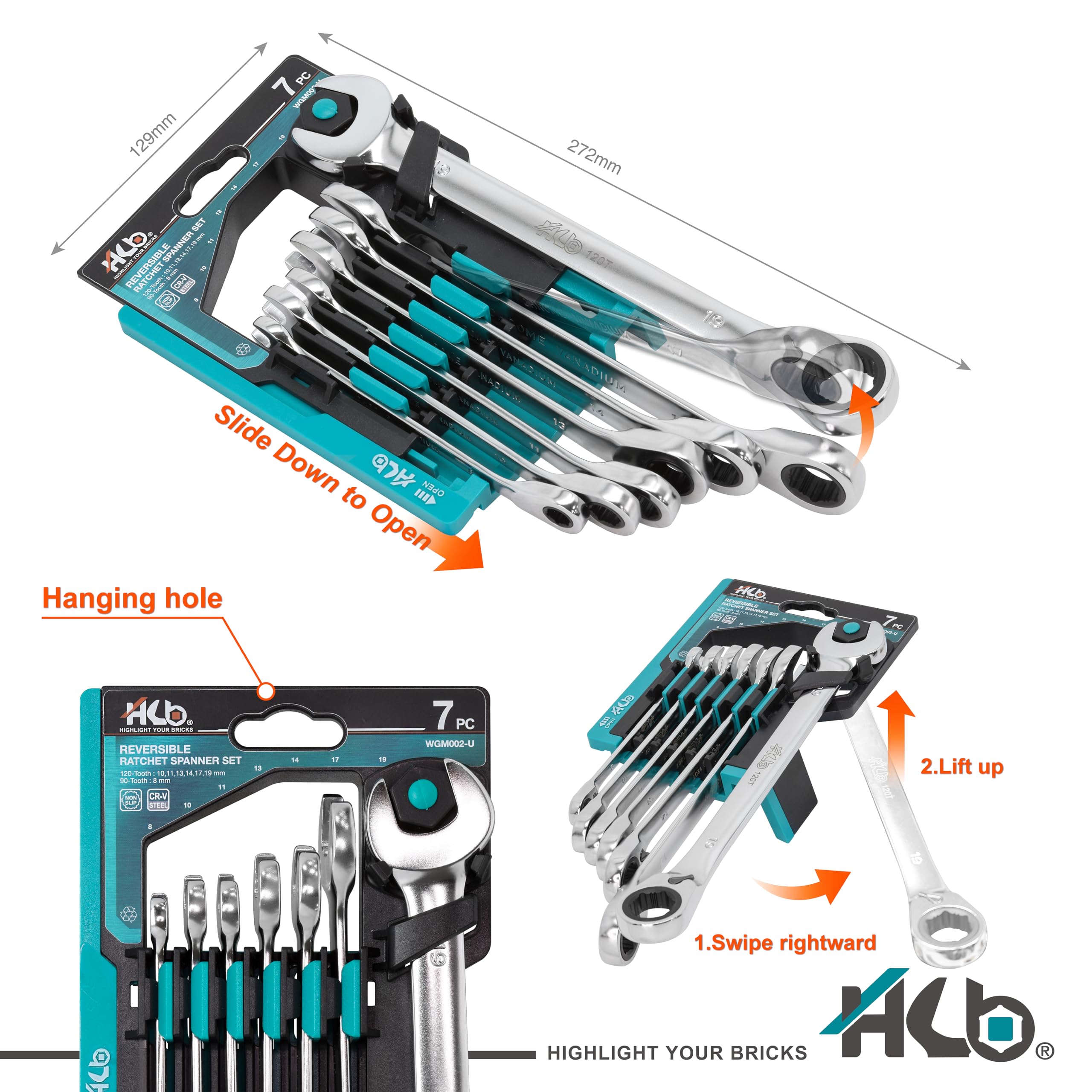 HB 7 Piece Ratchet Spanner Set Metric 90 Tooth & 120 Tooth Non Slip Reversible Combination Wrenches with Storage Rack Chrome Vanadium Steel Professional Workshop Tools Made in Taiwan WGM002-G - Image 4