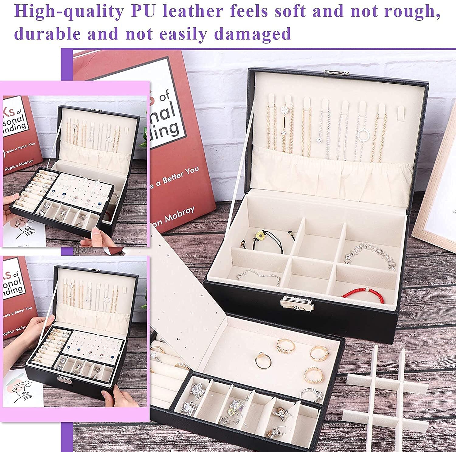 Schmuckschatulle, große kreative Schmuckschatulle für Damen und Mädchen, doppelschichtig, abschließbar, PU-Leder, Schmuck-Organizer, Aufbewahrungskoffer mit abnehmbarer Trennwand,