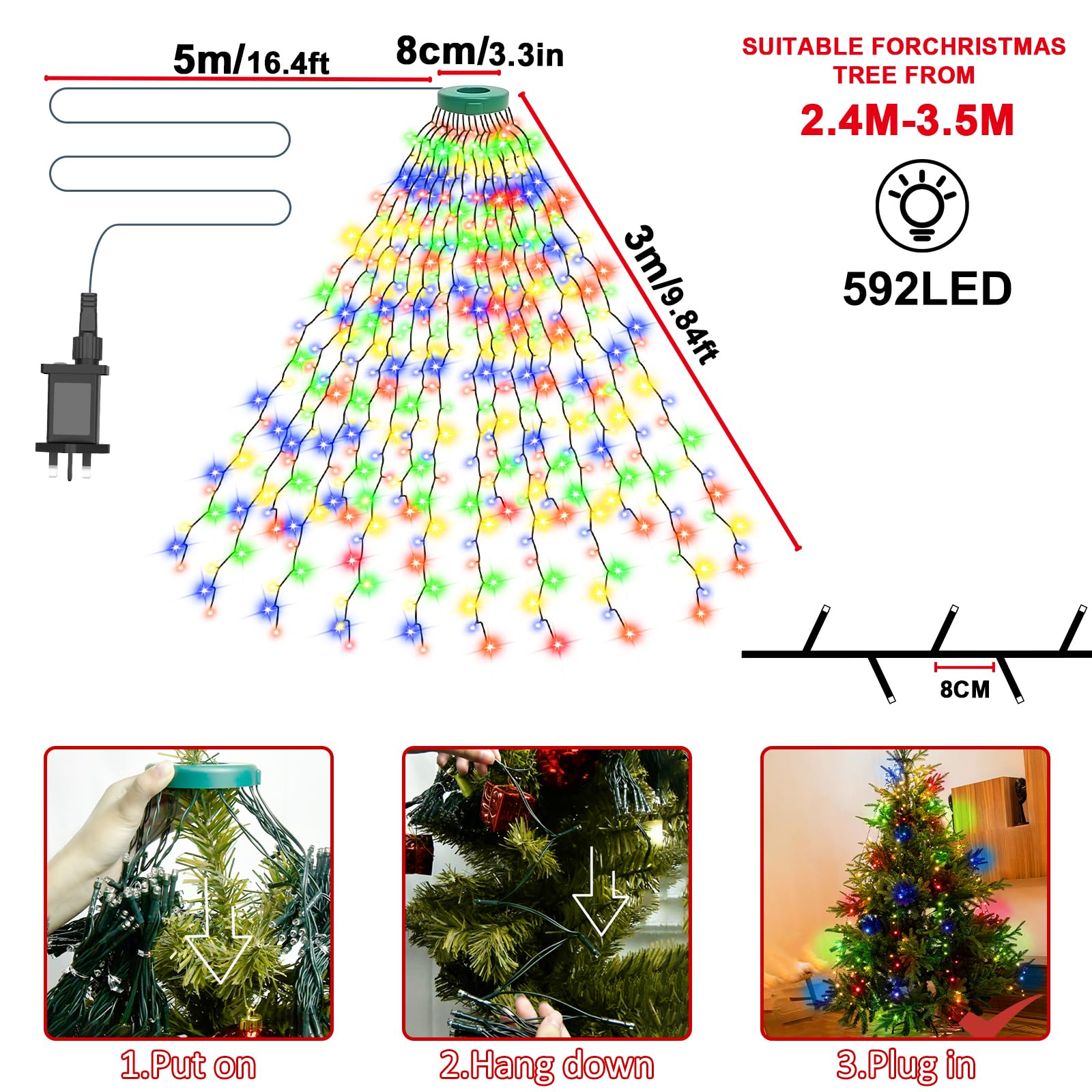 Etopgo Christmas Tree Lights 9.84Ft 16 Line 592 LED Christmas Decoration Lights Plug in with Timer,8 Lighting Modes Fairy Light for Indoor Outdoor Xmas Tree Wedding Party Decoration - Image 2