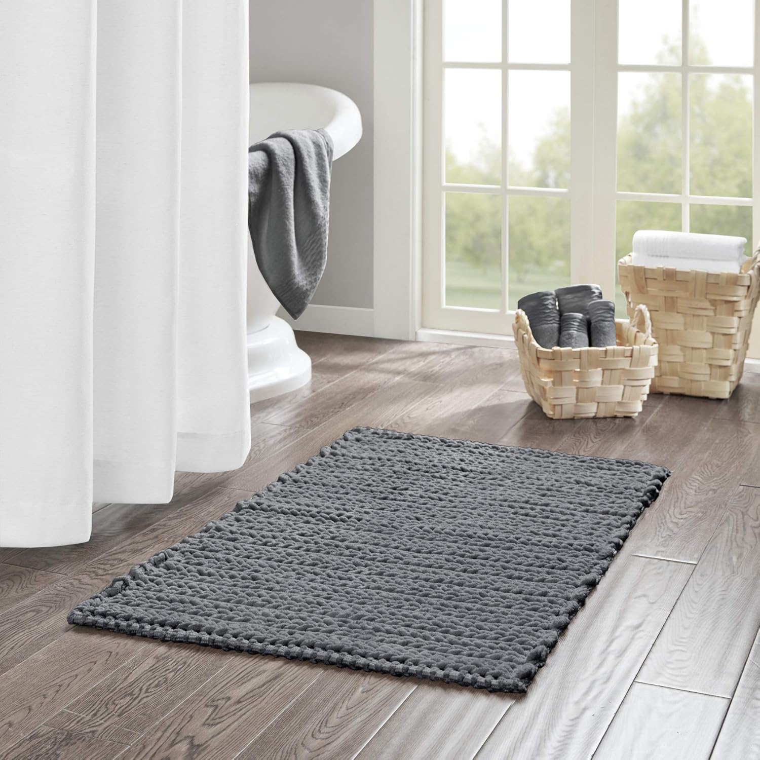 Madison Park Lasso 100% Cotton Chenille Chain Woven Stitch Bathroom Rug - Non Slip - Absorbent, Quick Dry Bath Mat, 24x40, Charcoal