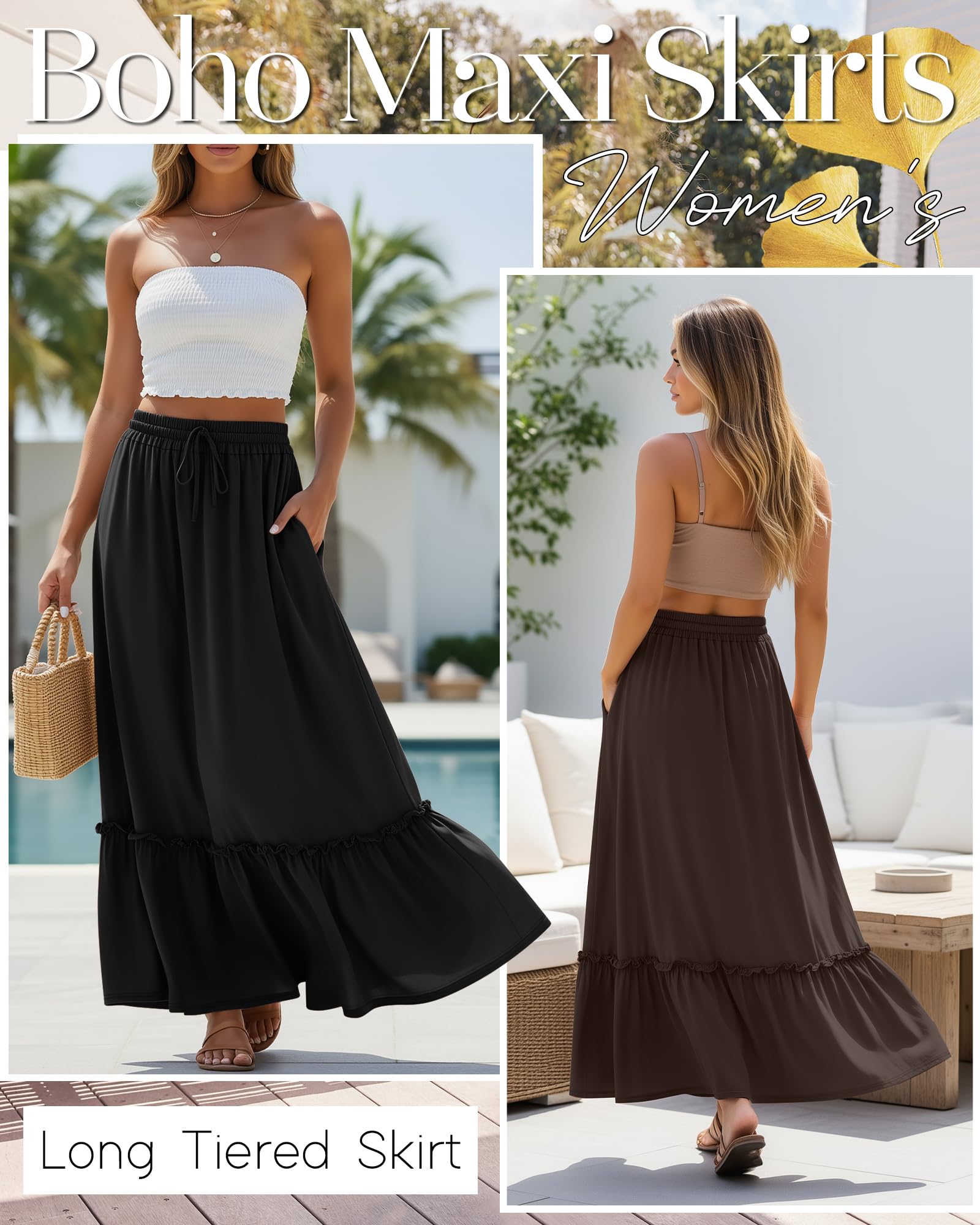 Ficerd 3er-Set Damen Boho Maxi-Röcke, Lange Stufenrock Rüschen, Hohe Taille mit Kordelzug, Lässiges Kleid mit Taschen