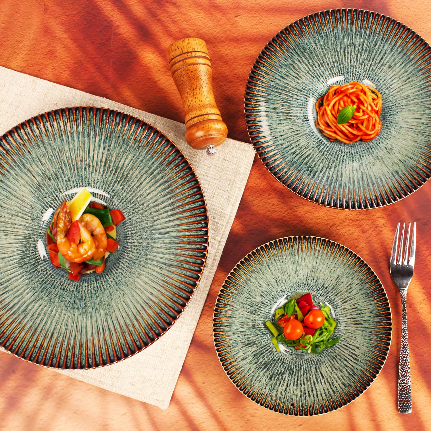 Juego de 4 platos llanos de cerámica, plato grande de 11.8 pulgadas para cocina, platos con borde para pasta, ensalada, filetes, pizza, resistentes a los arañazos, aptos para microondas y