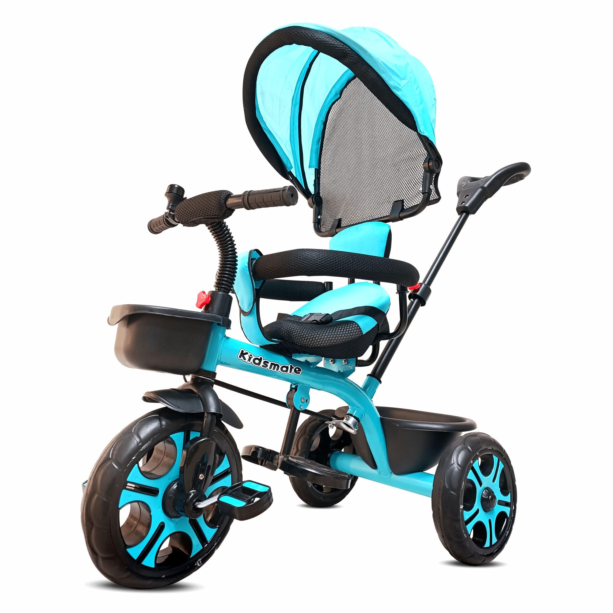 Kidsmate Champ Tricycle with Canopy | Safety Guard Rail and Parental Control | Fabric Cushion Seat & Bell for 12 Months to 48 Months Boys/Girls (Blue)