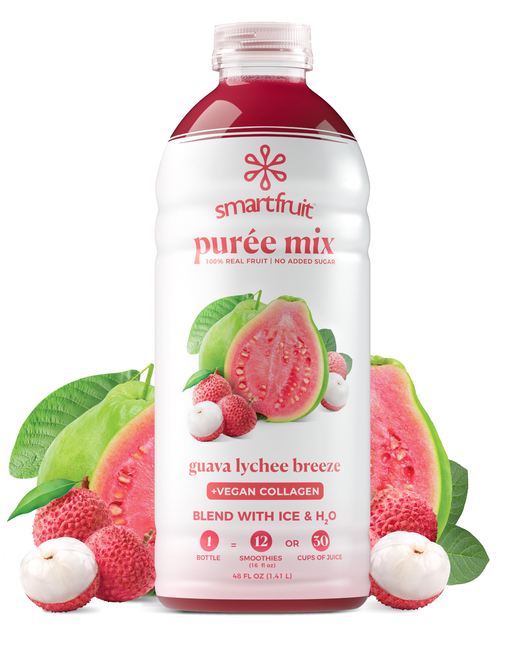 Guava Lychee Breeze + Vegan Collagen– 100% Real Fruit Purée with Pink Guava & Lychee by Smartfruit – 48 Fl Oz (Pack of 1)