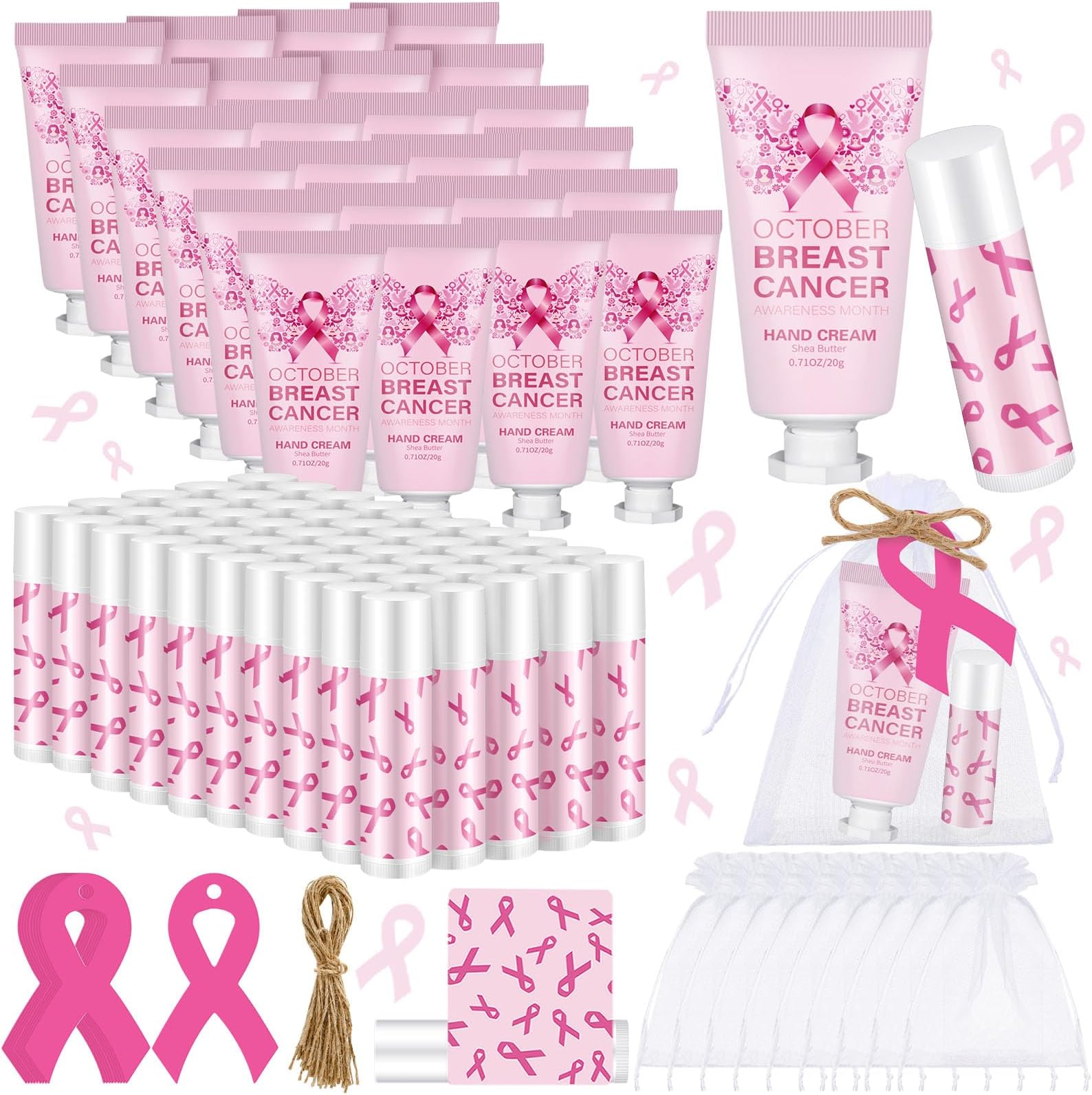 50 Set Breast Cancer Awareness Gifts Bulk Woman Pink Ribbon Lip Balm Hand Cream Include 50 Lip Balm 50 Hand Cream 50 Bag 50 Tag Breast Cancer Awareness Month Items Survivors Offices