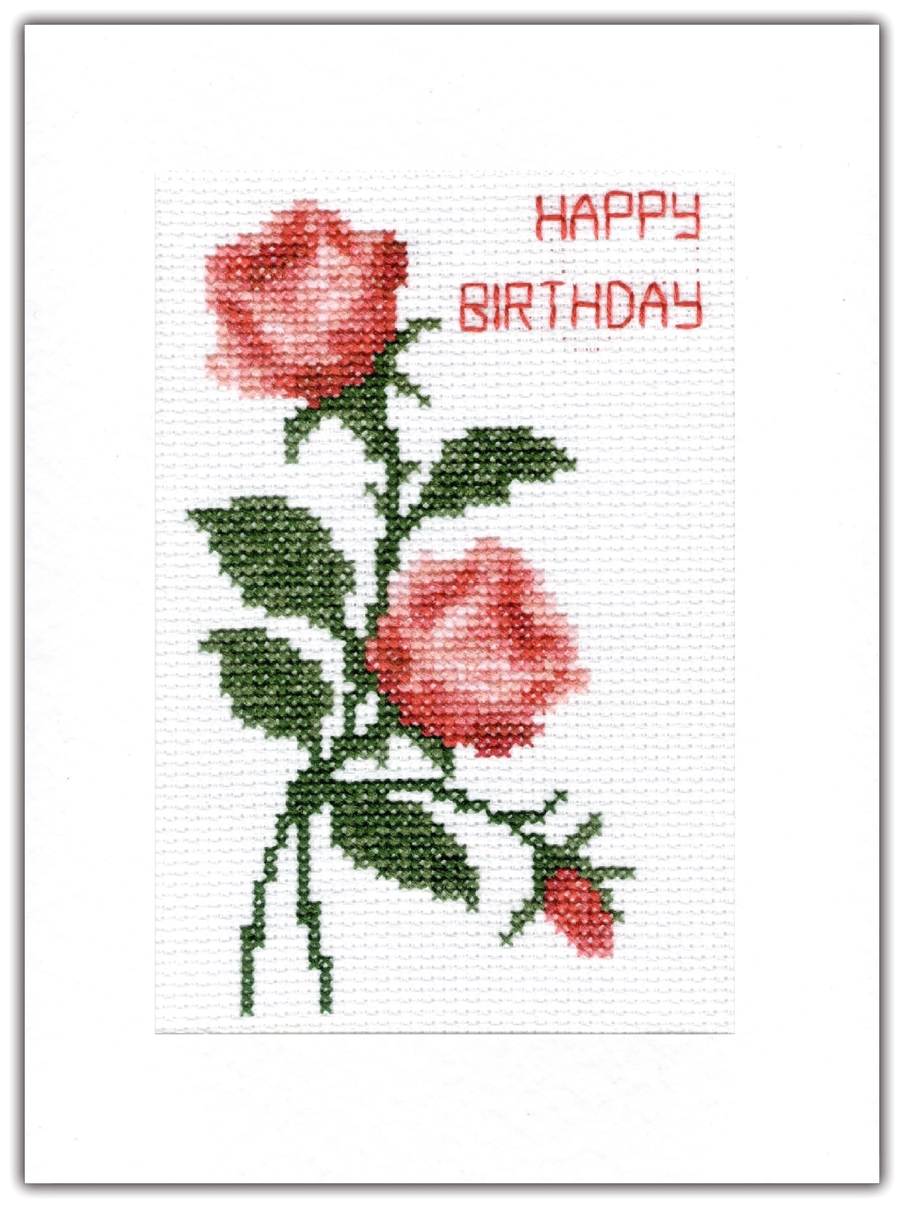 Skye Stitching & Photos Pink/Coral/Red Pair of Roses + Bud, Happy Birthday - 14 Count Cross Stitch A5 Card Kit (White Card) — image 1