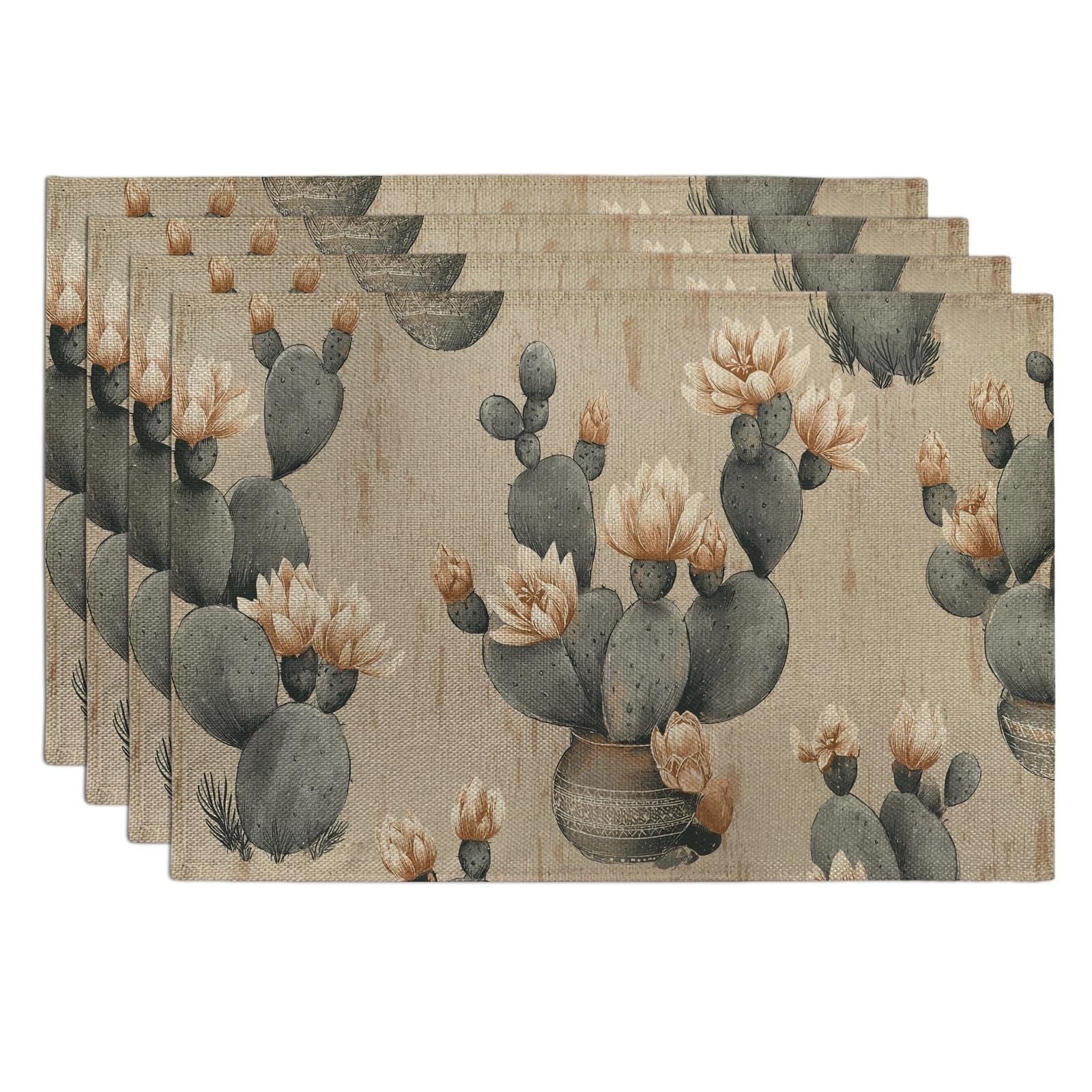 Desert Plants Floral Placemats, Beige Rustic Botanical Place mats for Dining Table, Non-Slip Washable Indoor Outdoor Party Decorative Placemat Set of 4