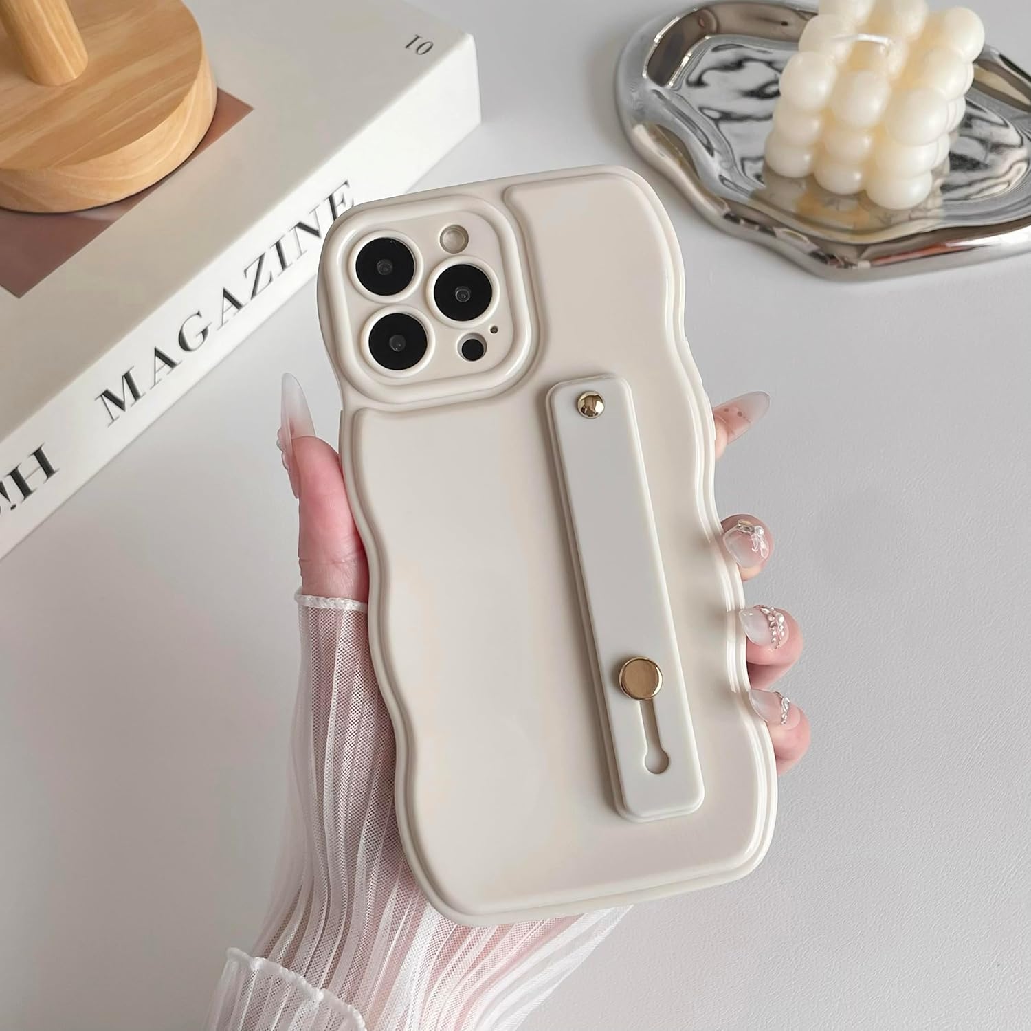 FABSPARK Phone Case for iPhone 17 Pro with Flexible Adjustable Soft Finger Hand Wrist Strap Holder Kickstand,Wave Design Wavy Frame Silicone Aesthetic for iPhone 17 Pro Phone Case,Beige - Image 2