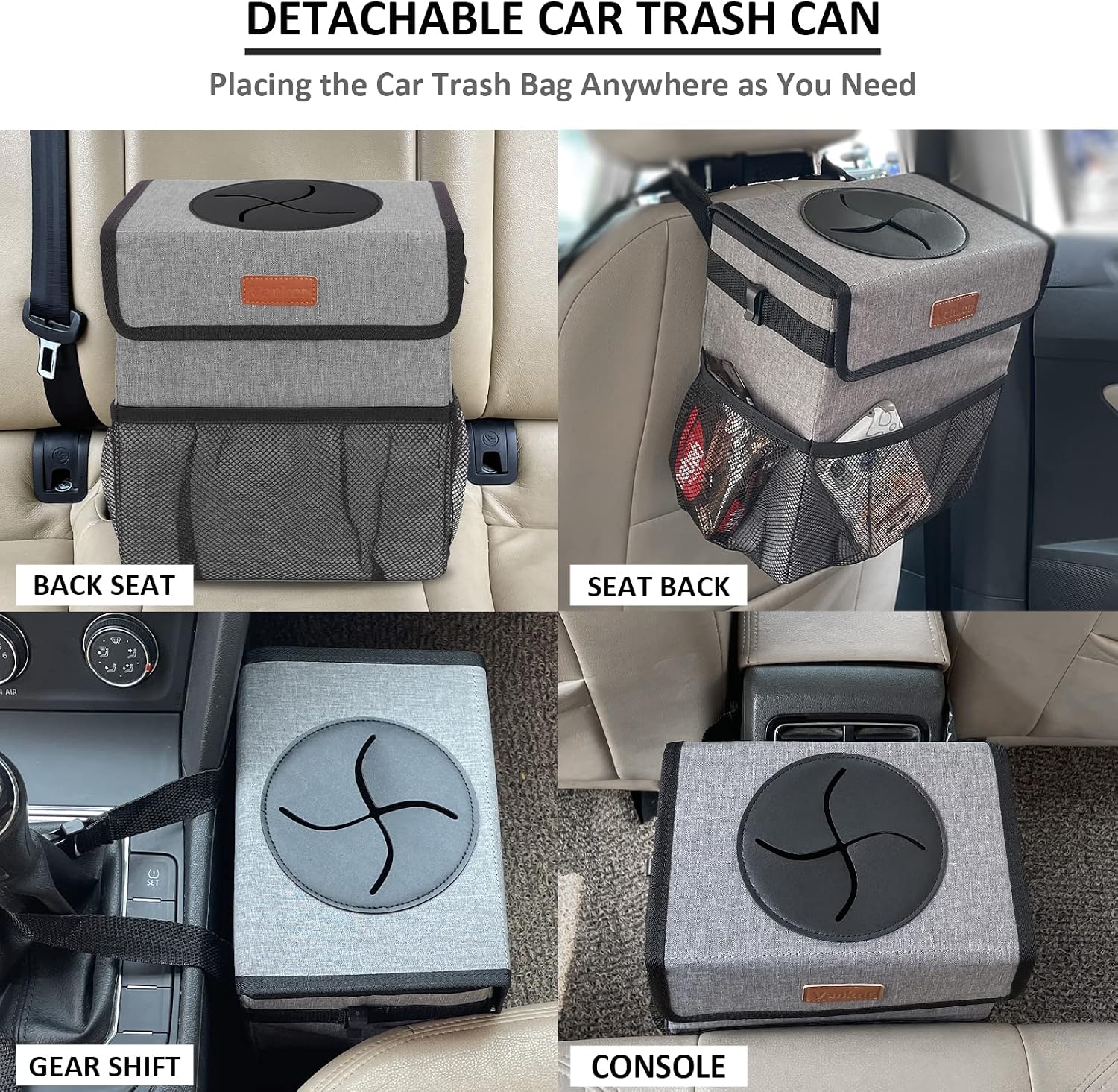 Vankor Car Trash Can for Car Cute, Car Trash Bag Bin Hanging Waterproof Automotive Car Garbage Cans Leak Proof Vehicle Trash Can Grey