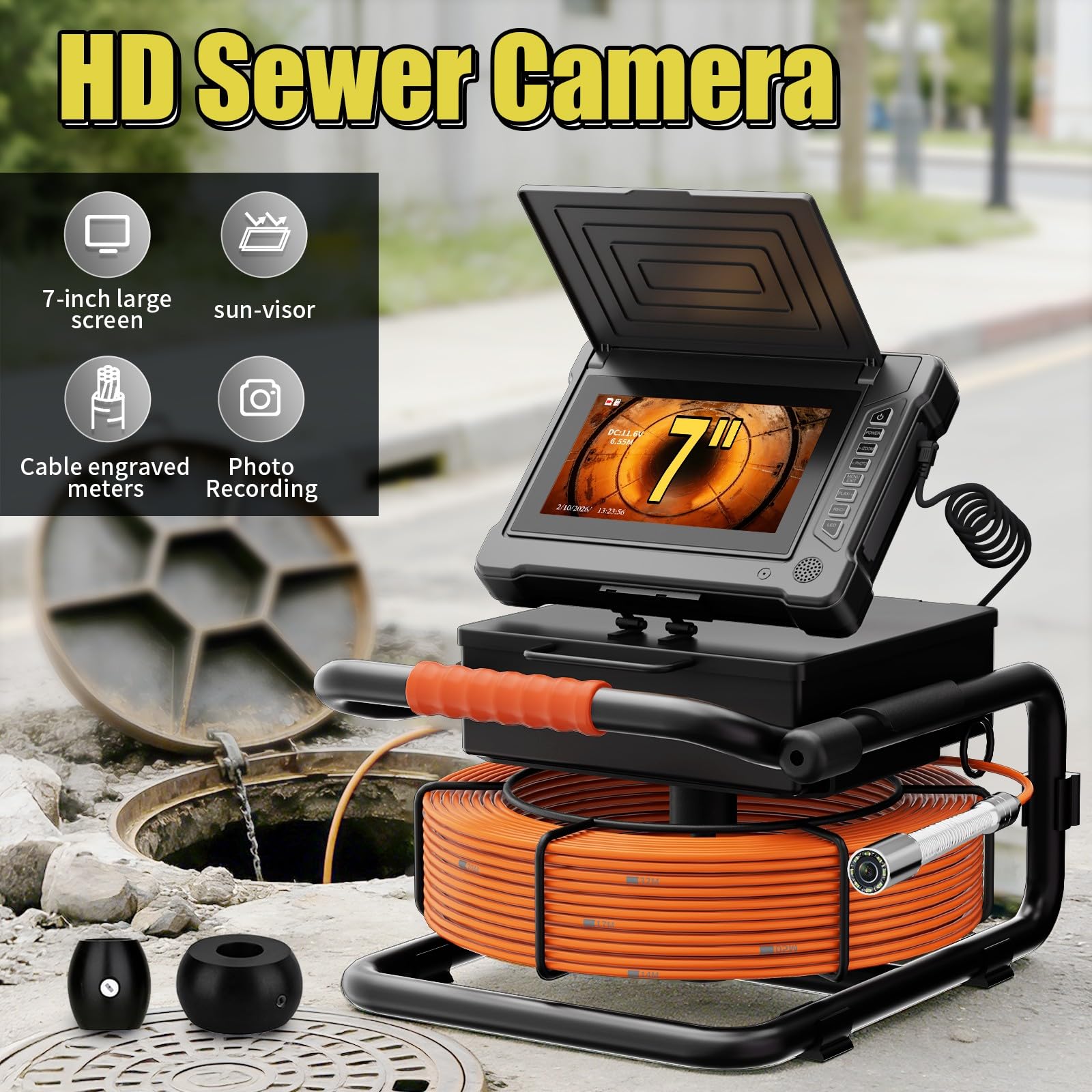 Detector De Drenajes,Borescope,Cámara De Tuberías,Pantalla AHD 7"30M | Cable Con Marcas Métricas,Sonda Autoequilibrada 18mm,1080P HD,8 Lámparas LED Blancas,Tarjeta 32G,Inspeccion Cavidades Paredes