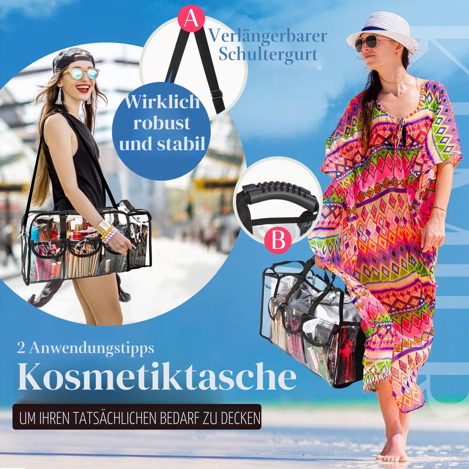 Durchsichtige Tasche Reise Make-up Tasche mit 6 Außentaschen Kosmetik Organizer Kosmetiktasche mit Schultergurt Groß