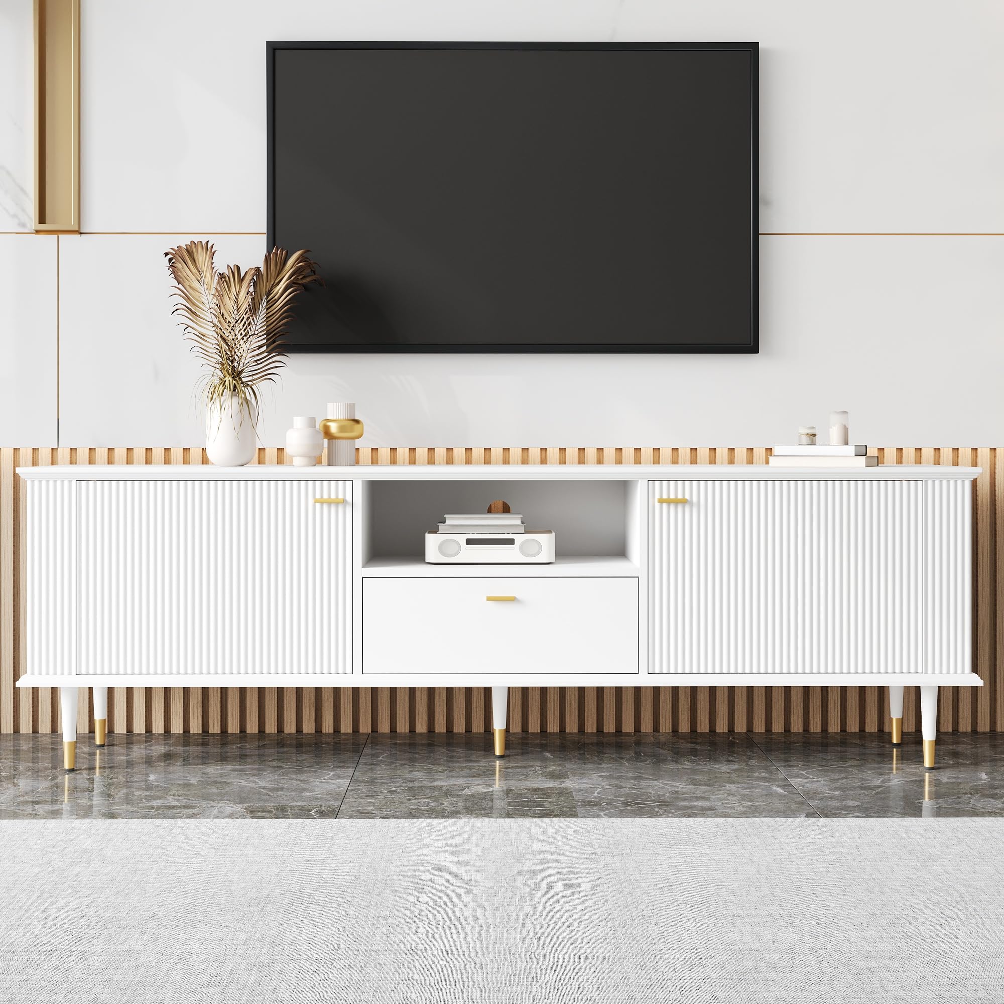 TV-Lowboard mit Soft-Close & Golddetails, 2 Türen, Schublade, Weiß
