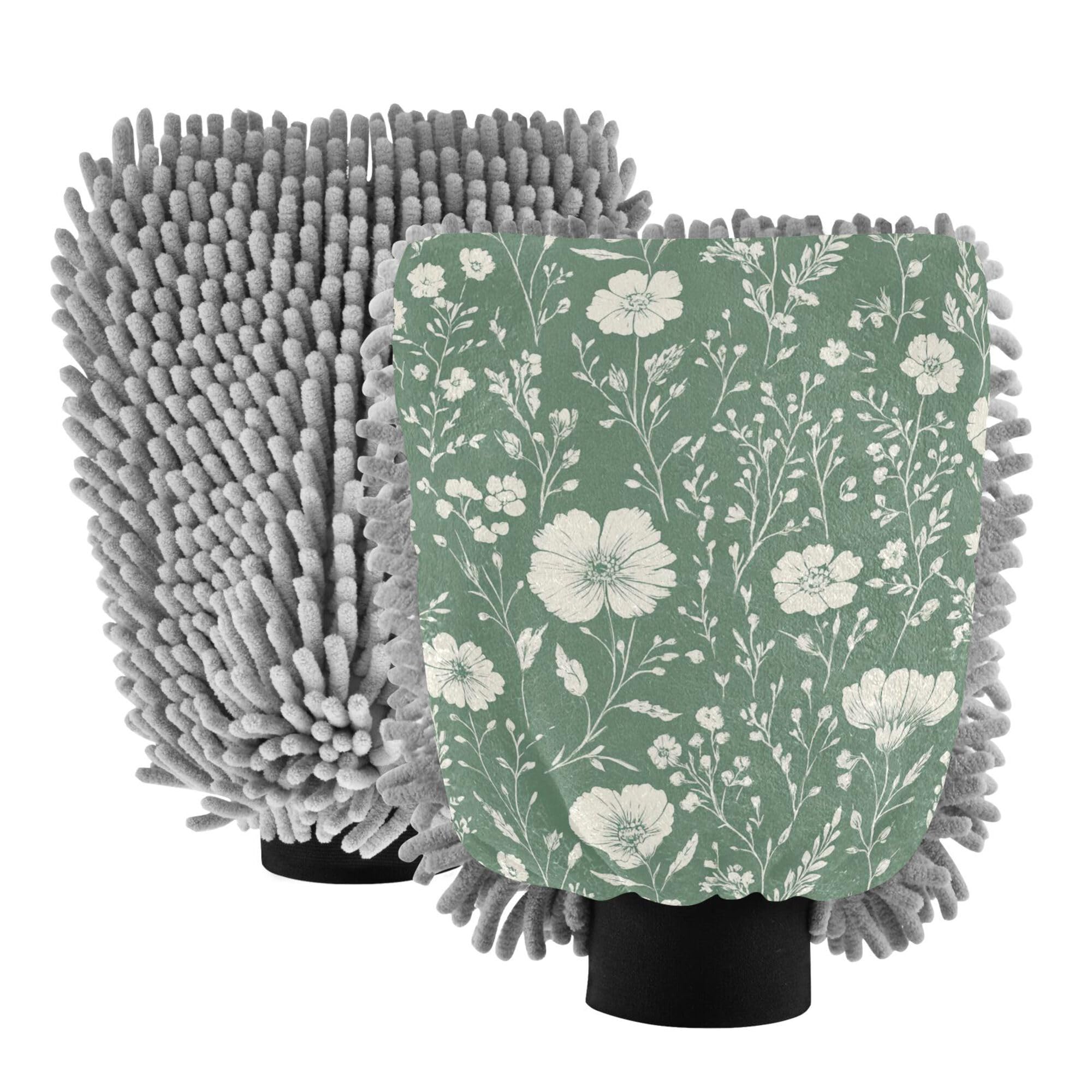 Autumn Flowers Carnation Peonies Sage Green Car Wash Mitt 11.8'' Gloves for Cars Washing Scratch Free Clean Sponges for Auto Cleaning