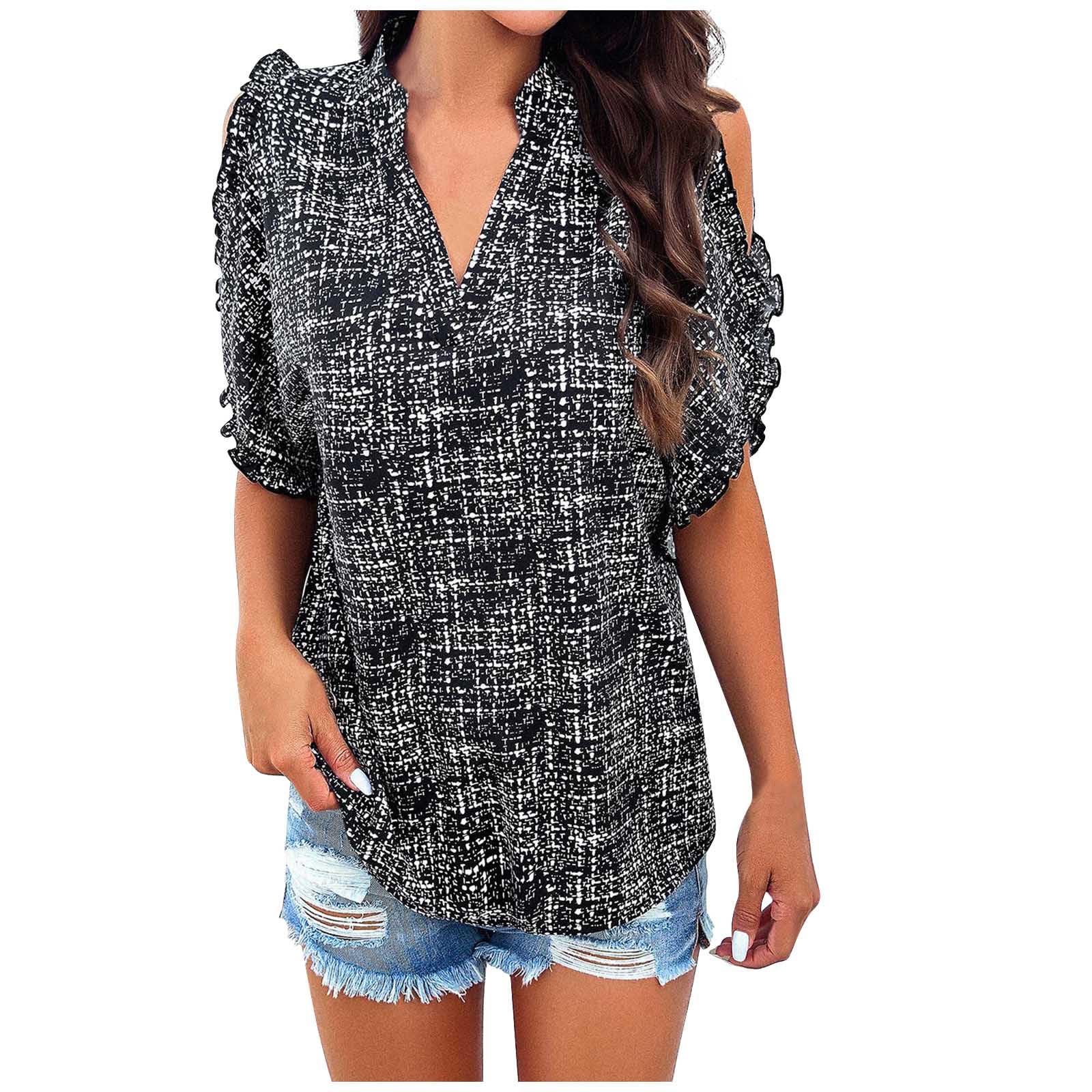 Dyhxuan Blusa para mujer, hombros descubiertos, cuello en V, blusa larga, color negro, camiseta de verano, camiseta temperamento, manga corta, cuello alto, blusas para mujer, con volantes, camisa