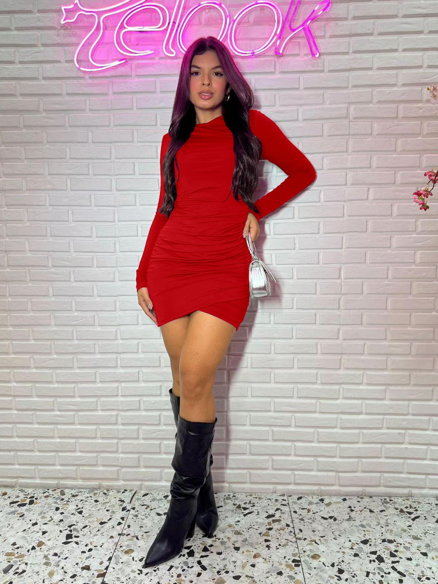 BORIFLORS Women's Sexy Wrap Front Long Sleeve Ruched Bodycon Mini Club Dress