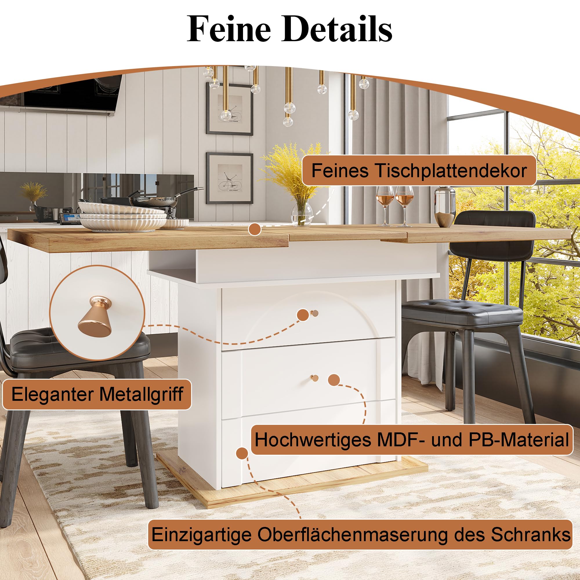 Merax Esstisch Ausziehbar, Esszimmertisch Küchentisch mit ausziehbare Tischplatte, Schubladen und Klapptüren, Säulentisch rechteckig, Teleskoptisch für 4-6 Personen, 110-140x80 cm, Holzoptik & Weiß