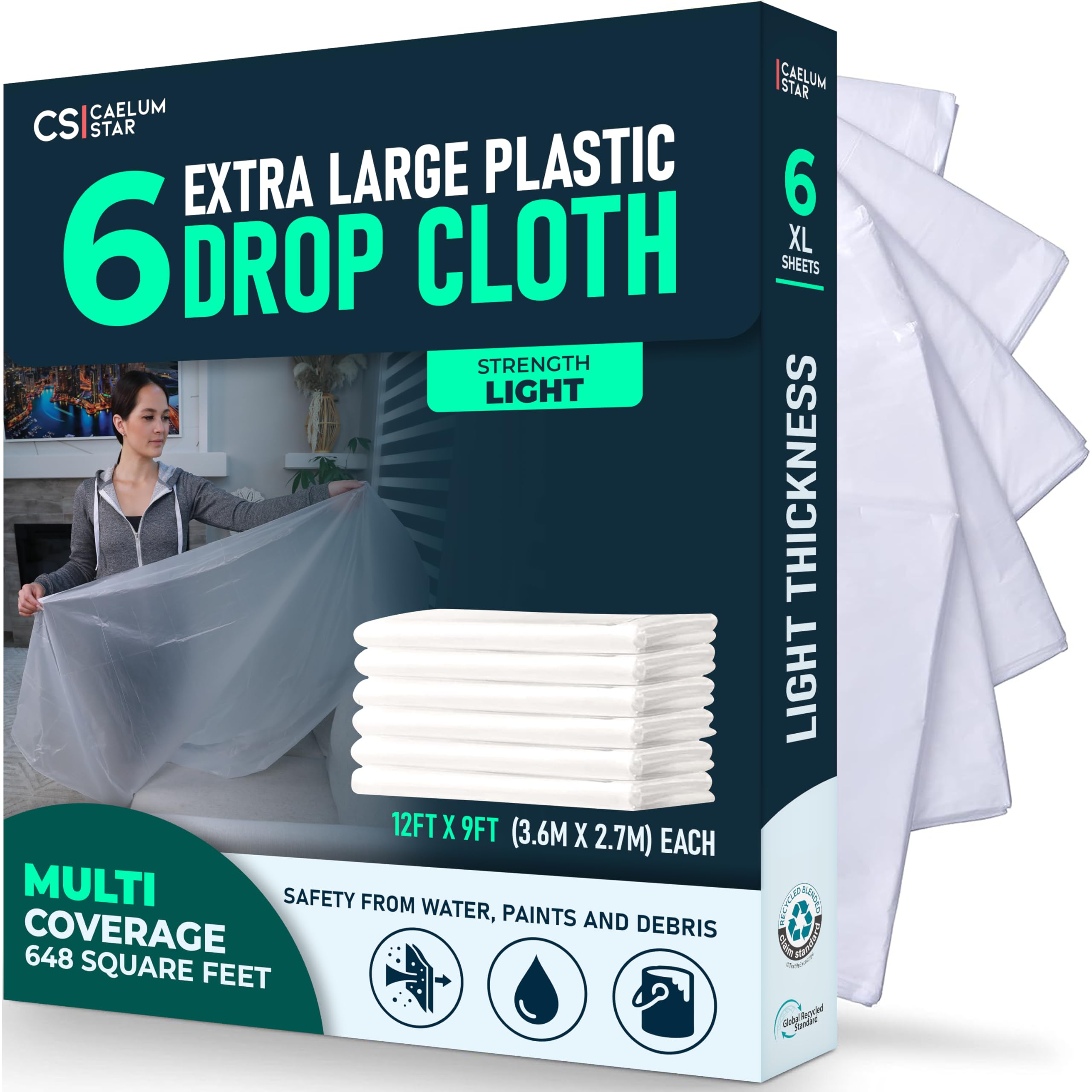 6 Pack Extra Large Clear Painter's Drop Cloth for Painting 12 x 9 ft, Clear Tarp Plastic Sheeting, Painters Plastic Sheet, Furniture Covers, Paint Tarp