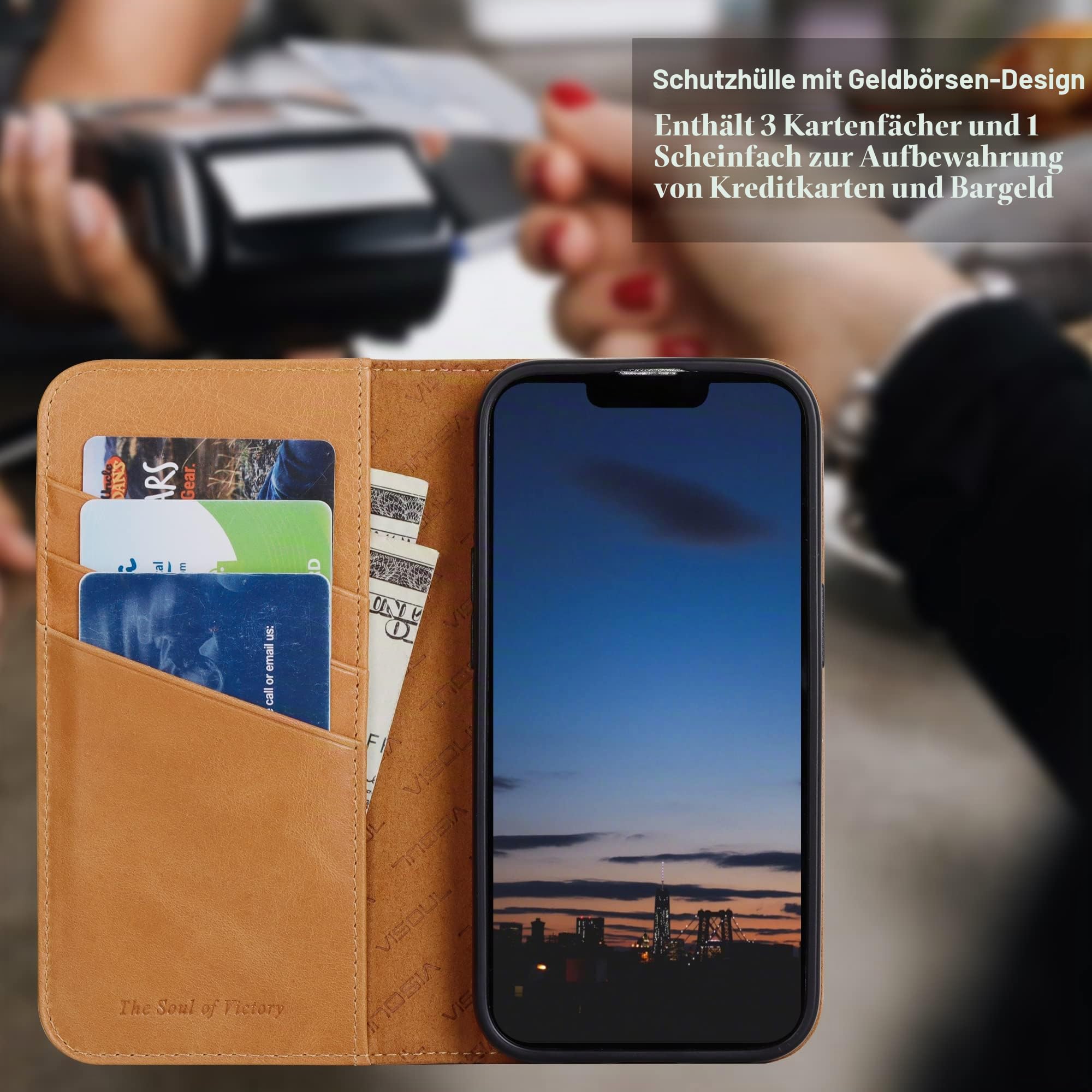 VISOUL Hülle für iPhone 15, Schutzhülle Echt Leder Schützt vor Stoß Kartenfach Magnetverschluss Stand klappbar handyhülle Handytasche Etui Case Gelb