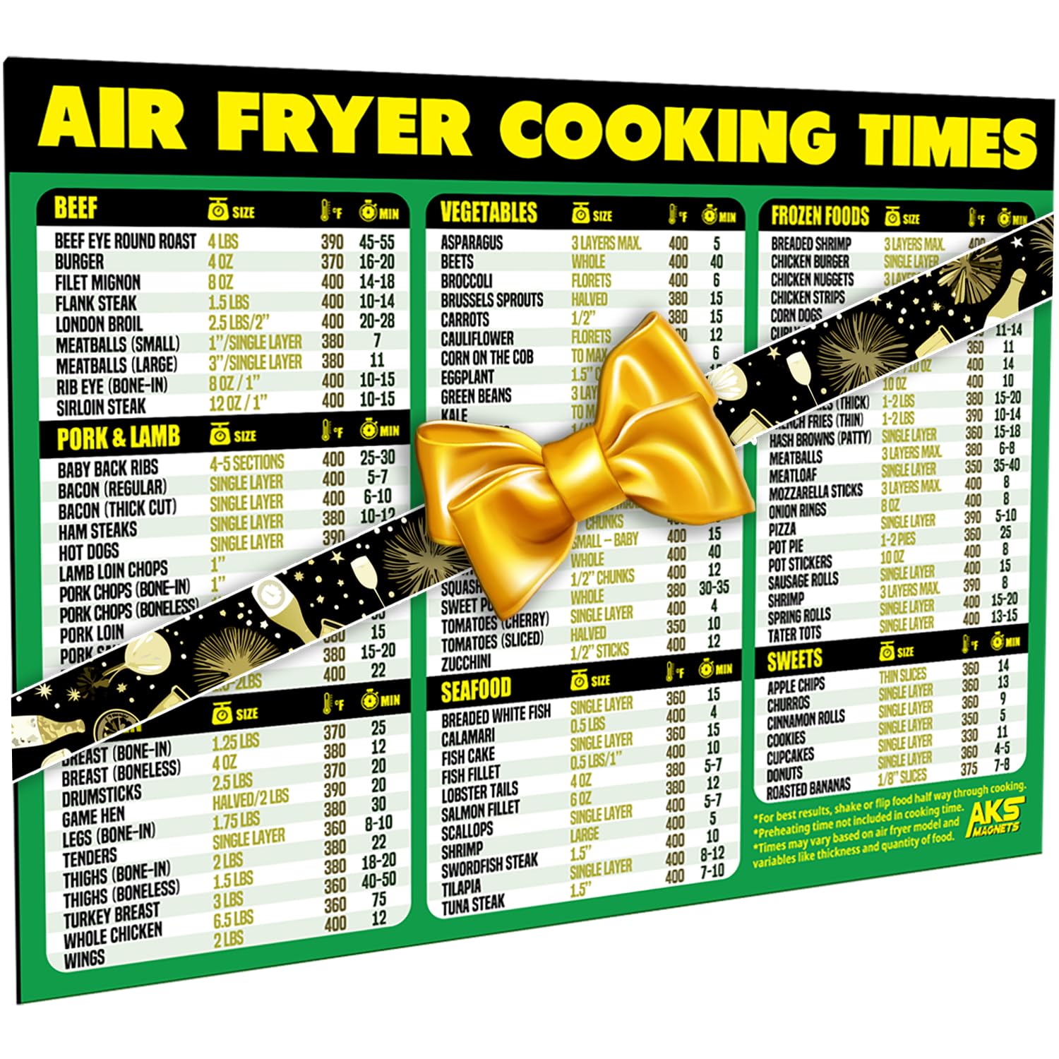 AKS Magnets Air Fryer Cooking Times ic Cheat Sheet - Extra Large Easy to Read 11” x 8.5” Airfryer Kitchen Accessory - Quick Reference Guide for Over 90 Popular Airfry Foods - Cook Healthy Meals Fast