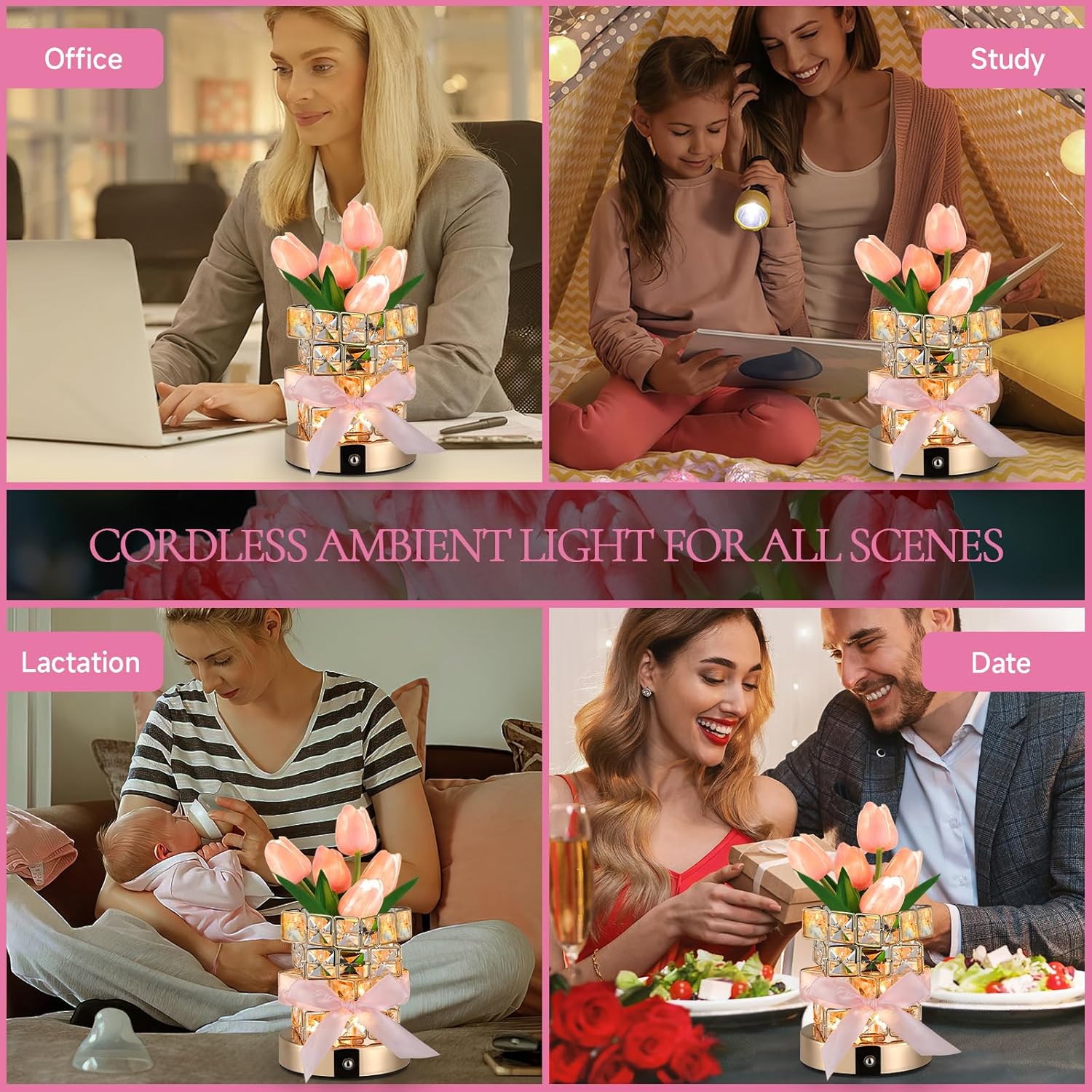 Tulip Table Lamp, 3-Color Dimmable Artificial Flowers Night Light, Rechargeable Cordless Small Desk Lamp, Fake Bouquet 5 Tulip with Crystal Vase for Date Party Home Decoration