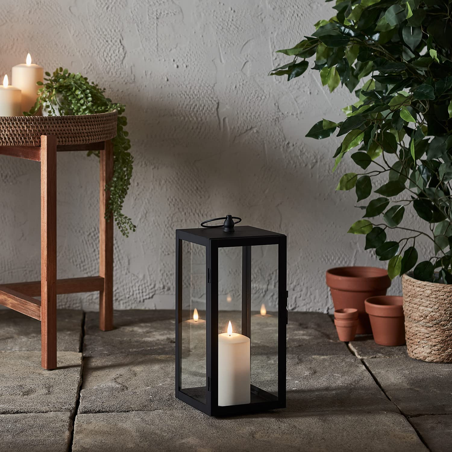 Lights4fun Farolillo Decorativo de Metal Negro de 35cm con Vela LED TruGlow® a Pilas para Interiores y Exteriores