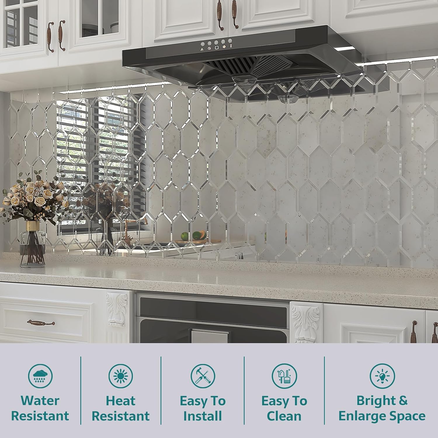 Peel and Stick Beveled Mirror Tile, Mirror Backsplash Tiles for Kitchen Bathroom Wall 4x6 Inch Long Hexagon Light Antique 30 Pcs, 4.8 SQ.FT