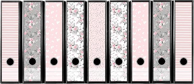 Set of 9 wide folder labels, floral mix, pink, self-adhesive (folder spine sticker sticker)